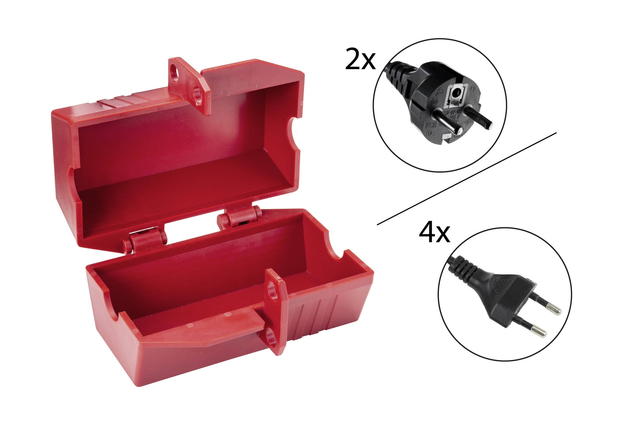 Rote, geöffnete Schutzbox für Steckverbindungen, daneben Symbole: '2x' für Schuko-Stecker und '4x' für Euro-Stecker.