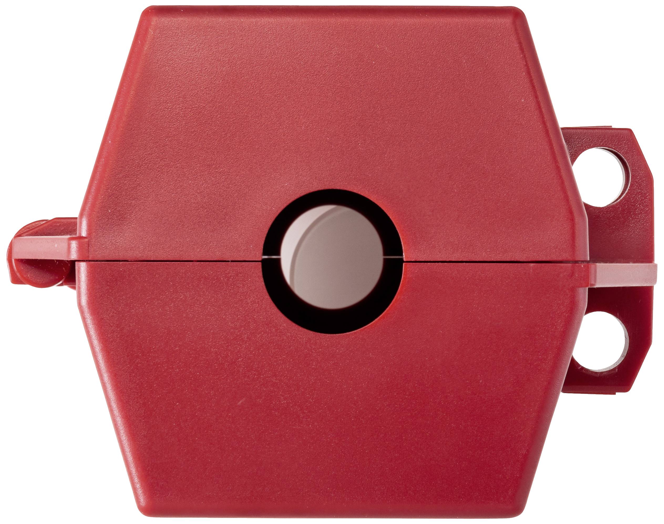 Ein rotes, hexagonales Sicherheitsgerät mit zentralem Knopf, möglicherweise ein Schloss oder Schalter für industrielle Anwendungen.