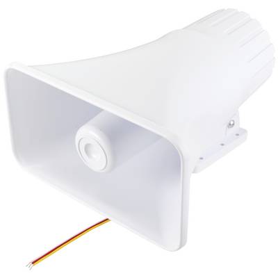 Weißer Lautsprecher mit rechteckigem Horn und Kabeln zur Wandmontage. Verwendet zur Klangverstärkung oder als Alarmsystem.
