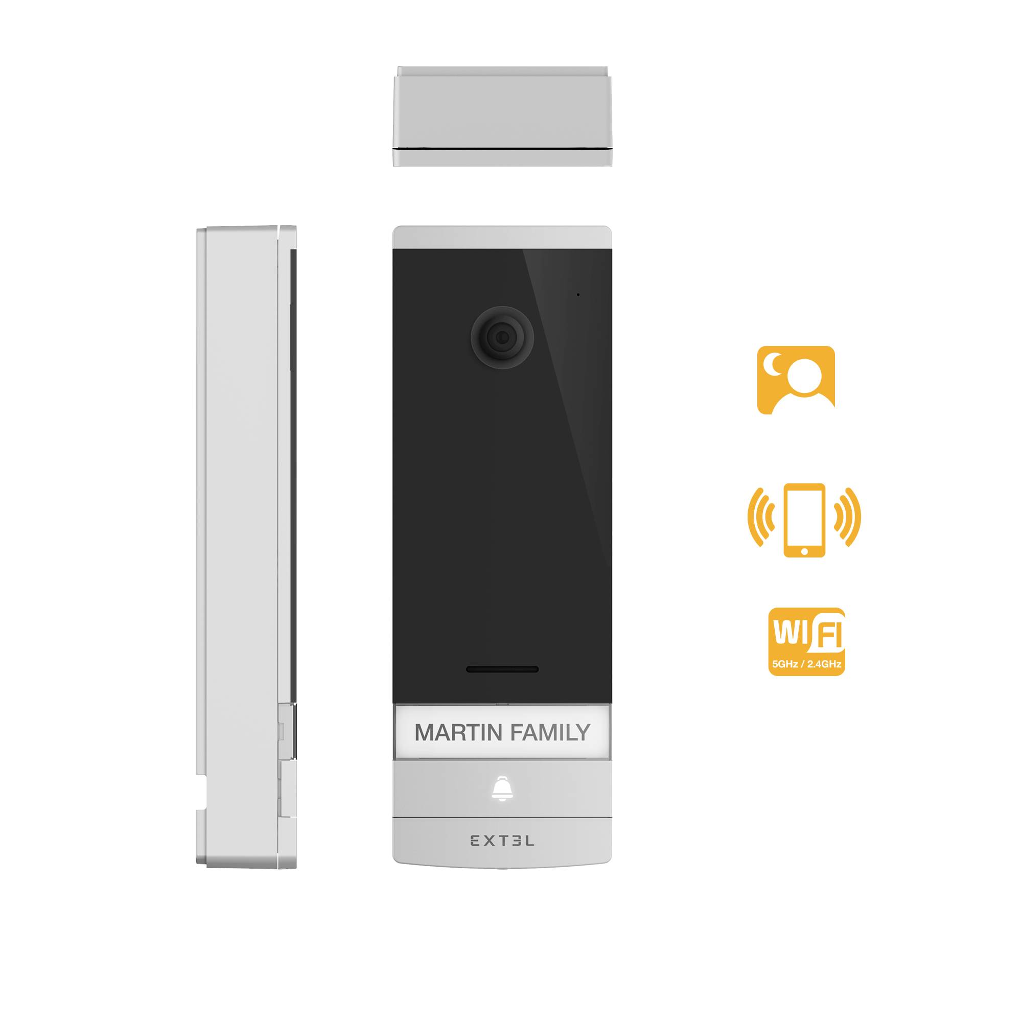 Videotürklingel mit Kamera, Mikrofon, Lautsprecher und Wi-Fi-Symbol. Aufschrift 'Martini Family' unten. Seitliche, frontale und oben beschriftete Ansichten.