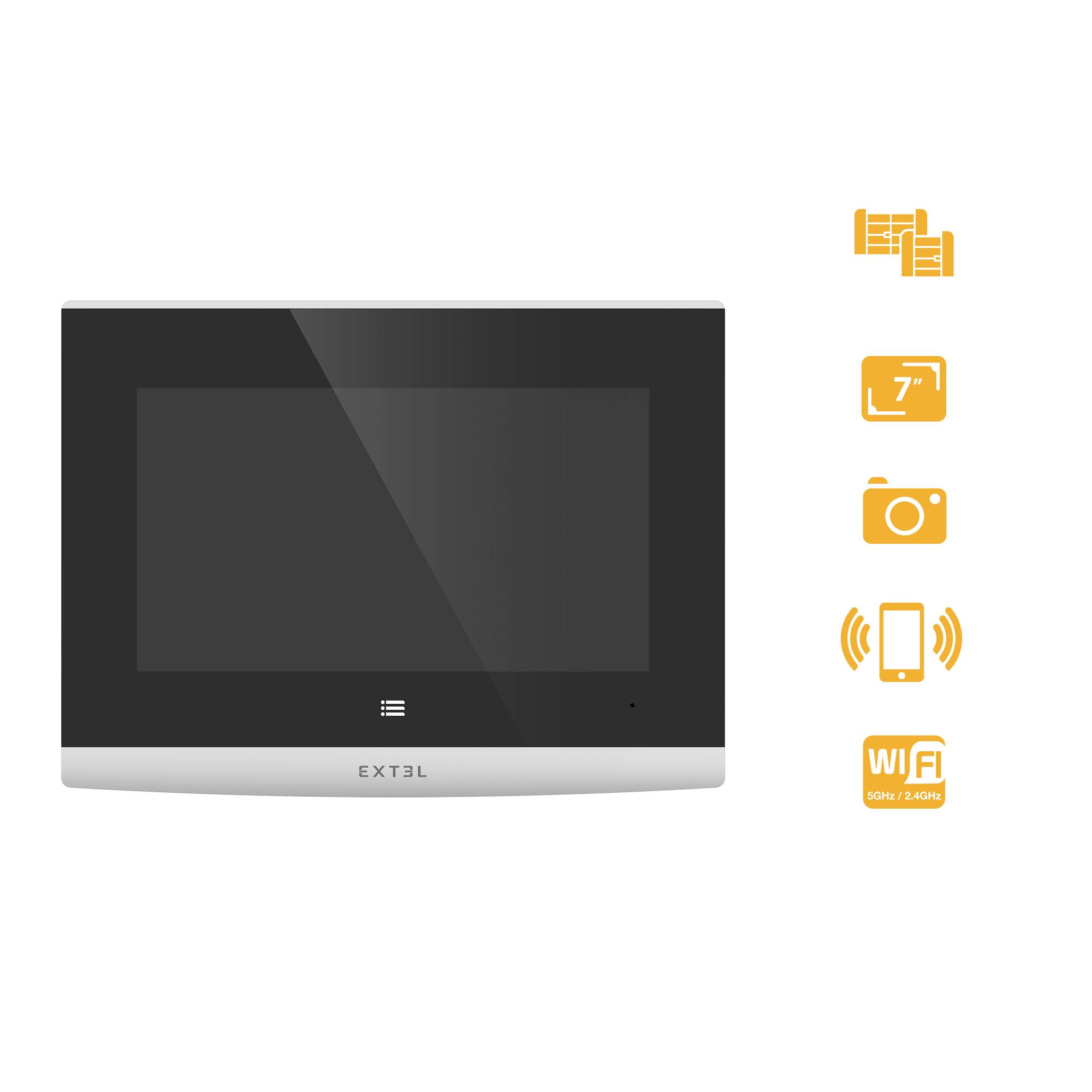 Schwarzer Bildschirm mit silbernem Rand, Markenname unten. Rechts Symbole für Video, 7-Zoll-Display, Kamera, Smartphone-Anbindung, WLAN.