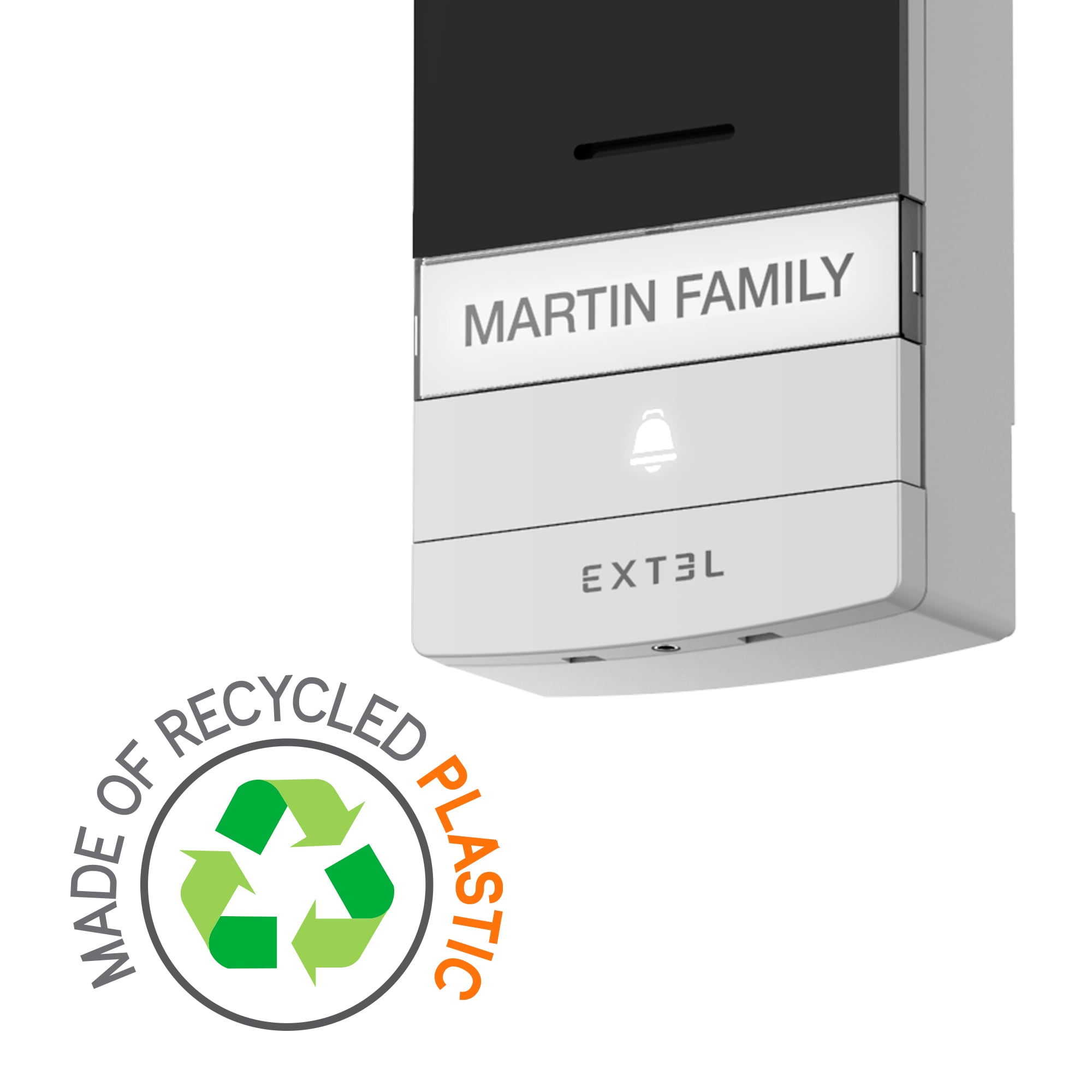 Kabellose Türklingel mit der Aufschrift 'Martin Family' und dem Schriftzug 'Extel'. Hergestellt aus recyceltem Kunststoff.