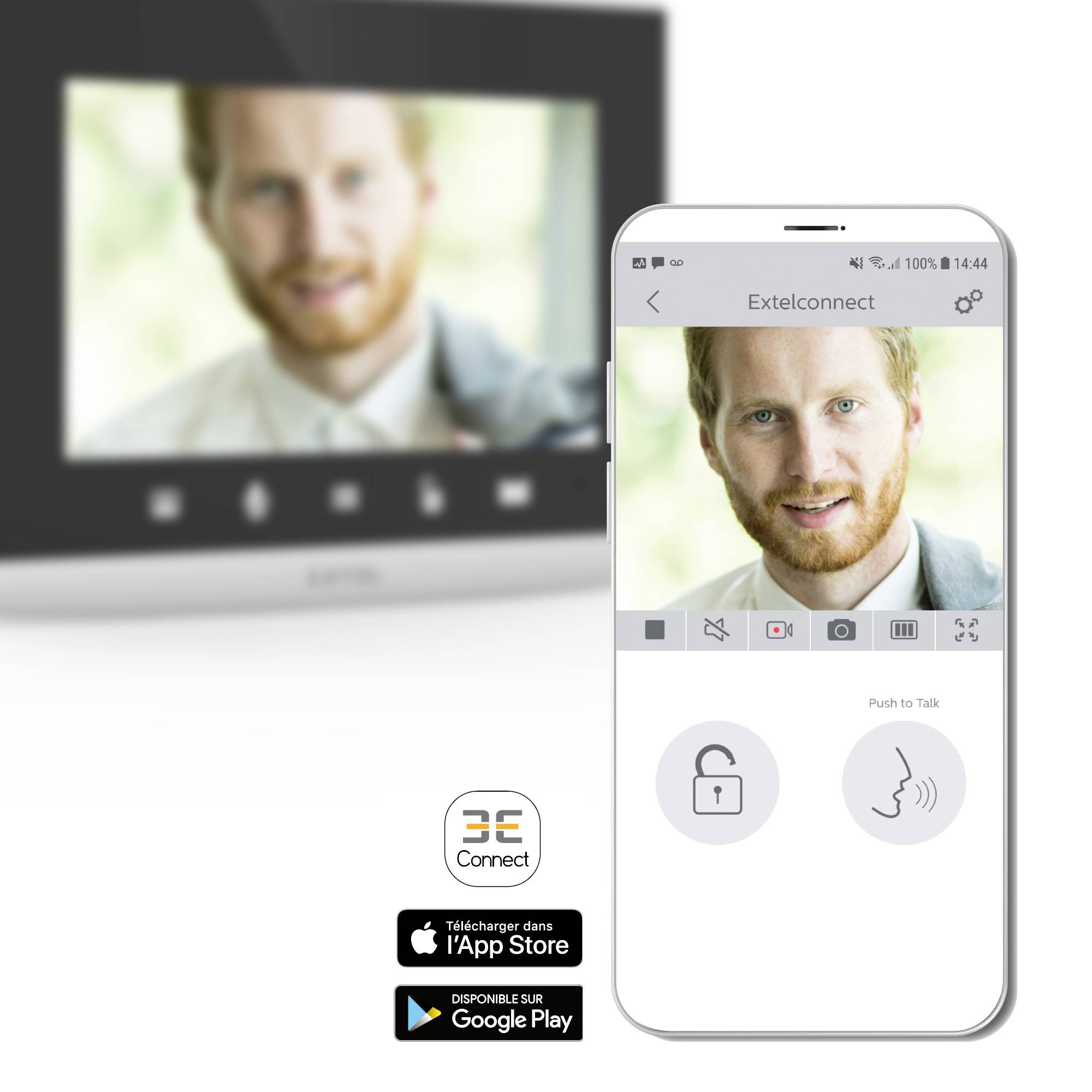 Ein Smartphone zeigt die App 'Exteleconnect' mit Videofunktion und Optionen für Push-to-Talk und Sperren. Im Hintergrund ein lächelnder Mann.