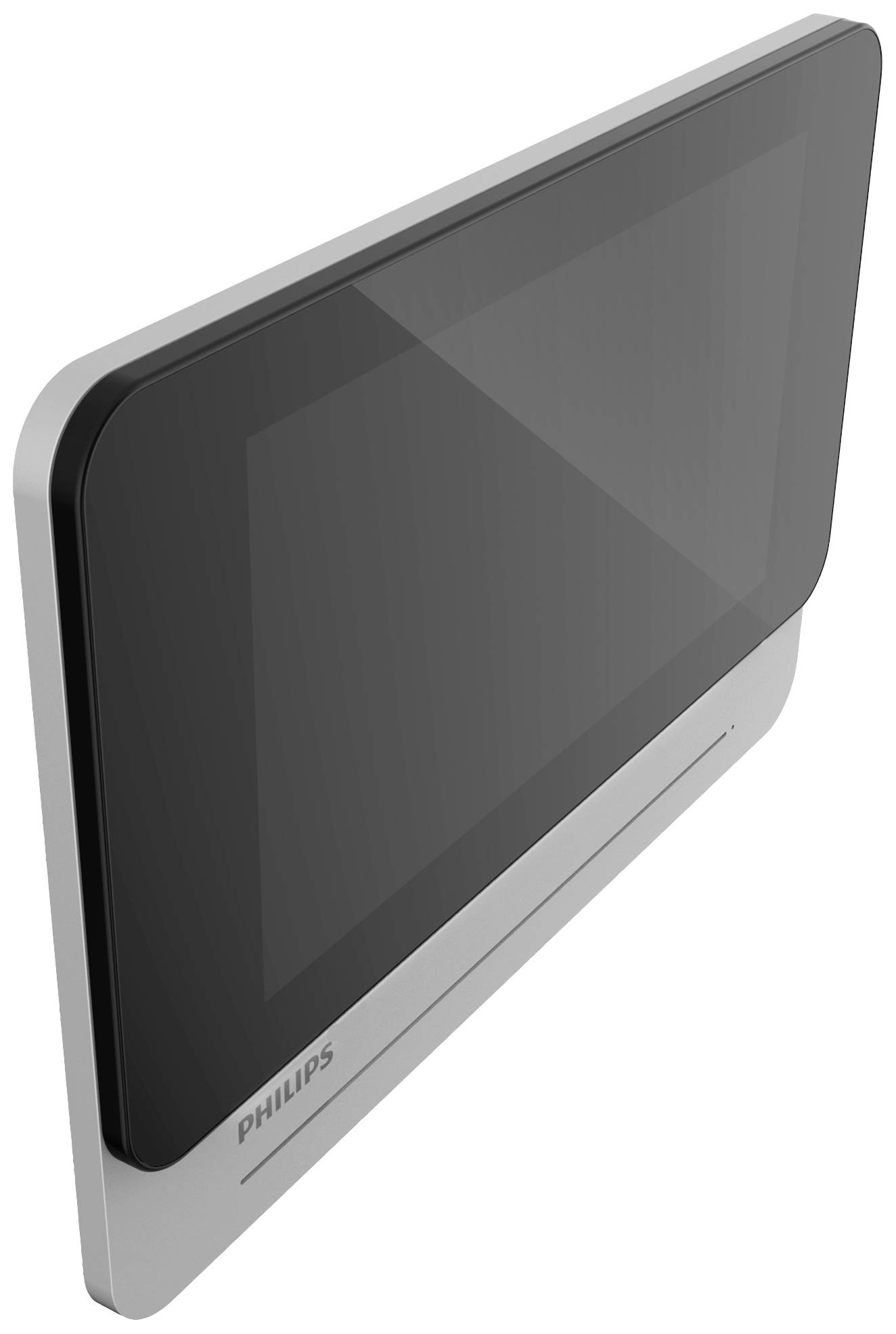 Flacher Bildschirm von Philips, dunkelgrau mit silbernem Rahmen, geneigt und zur Seite gedreht.