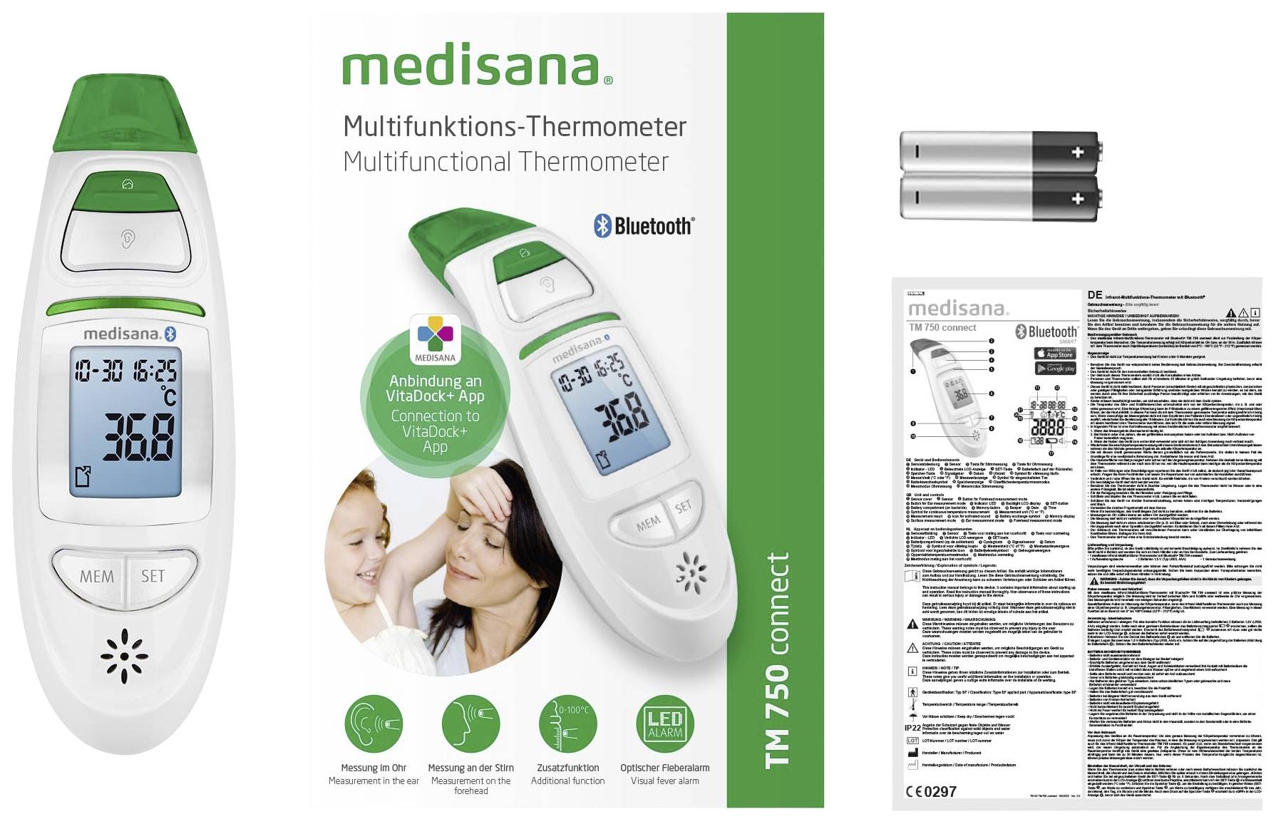 Multifunktions-Thermometer mit Bluetooth-Verbindung. Anzeige zeigt 36,8°C. Verpackung und Handbuch enthalten. Batterien daneben.