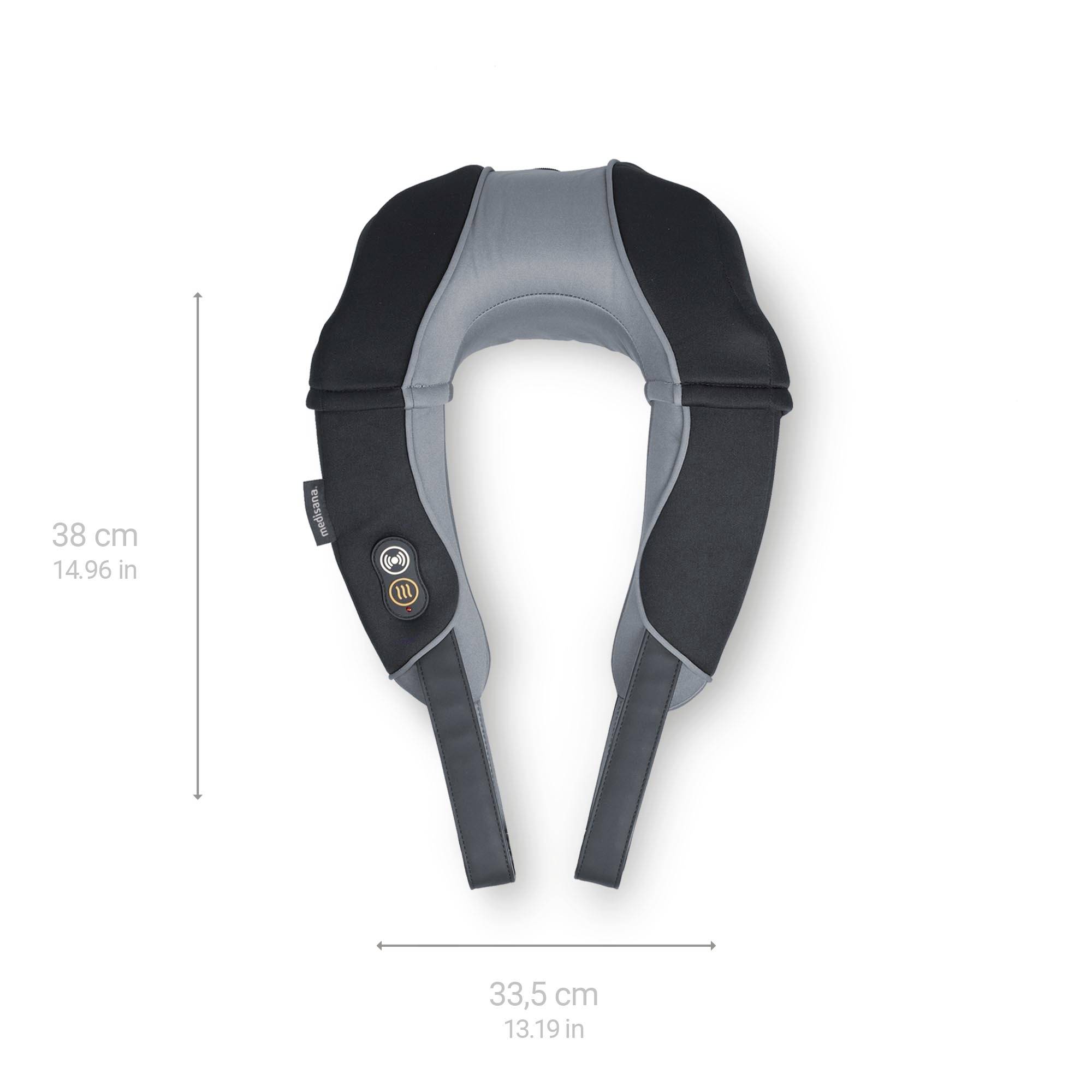 Elektrisches Nackenmassagegerät in Schwarz und Grau. Dimensionen: 38 cm hoch, 33,5 cm breit. Enthält Bedienelemente seitlich.