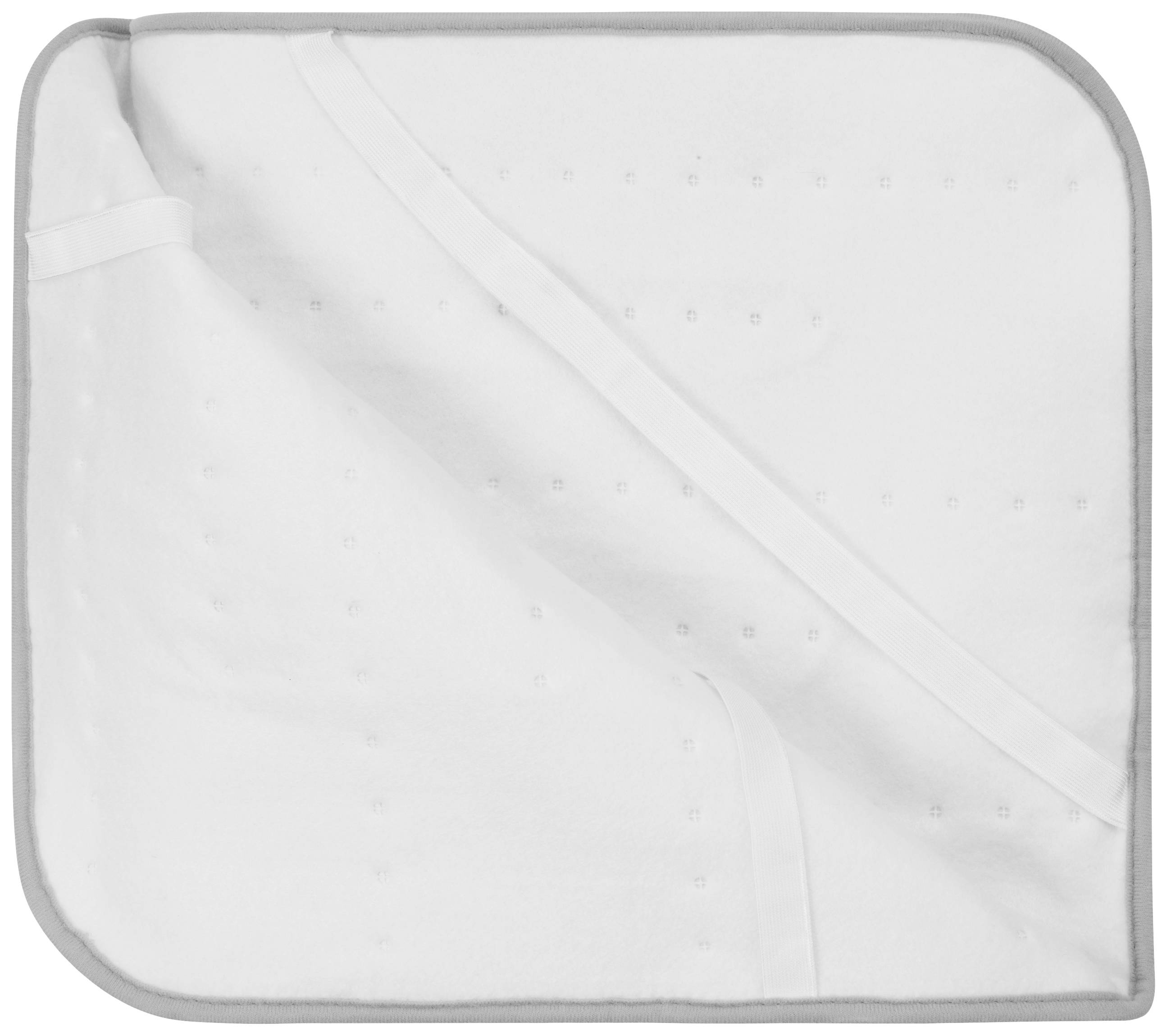 Ein weißes, gefaltetes Baby-Handtuch mit grauem Rand.