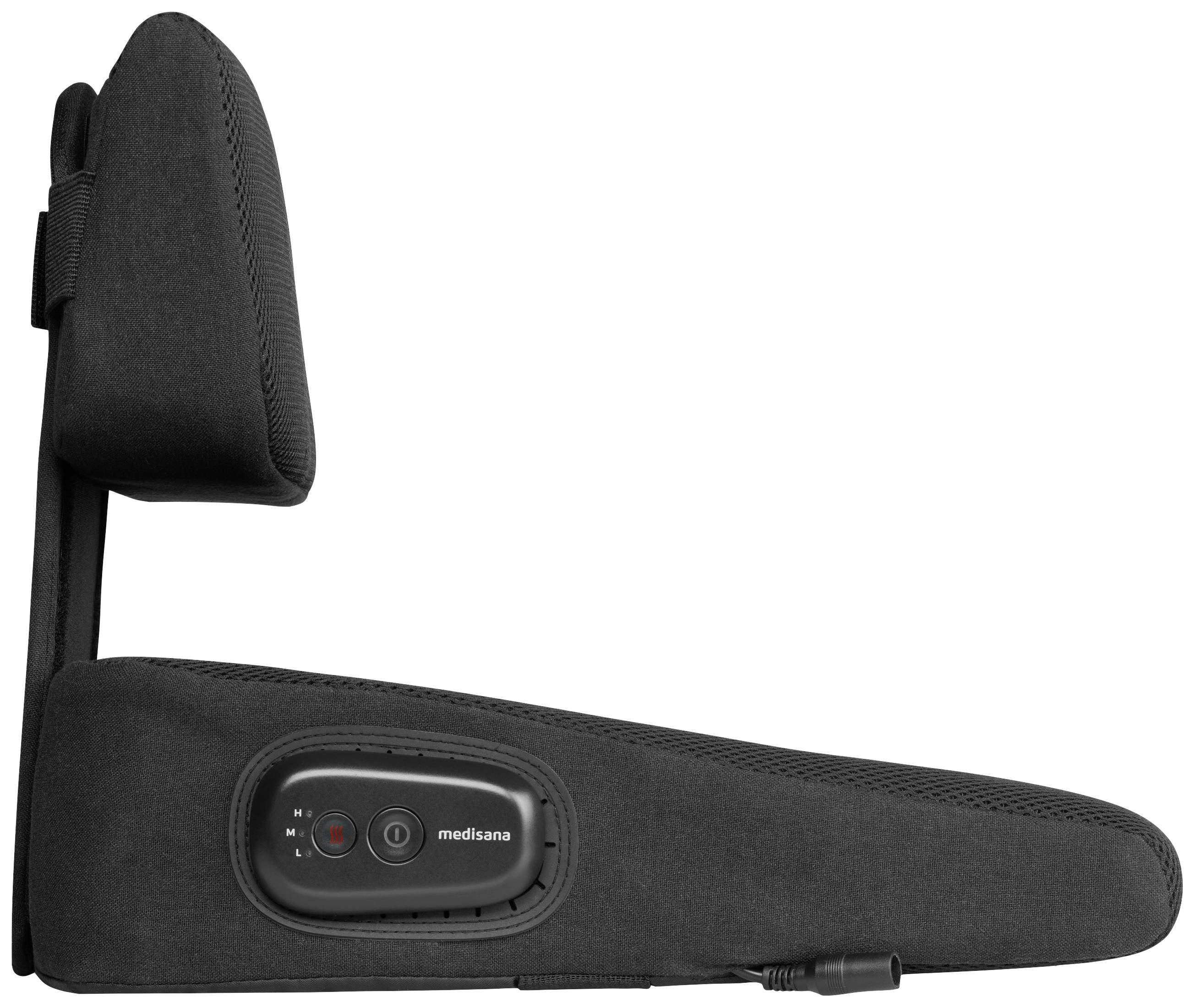 Elektrischer Rückenmassagestab in schwarzem Stoff mit Bedienelementen für Intensitätseinstellung auf der Seite.