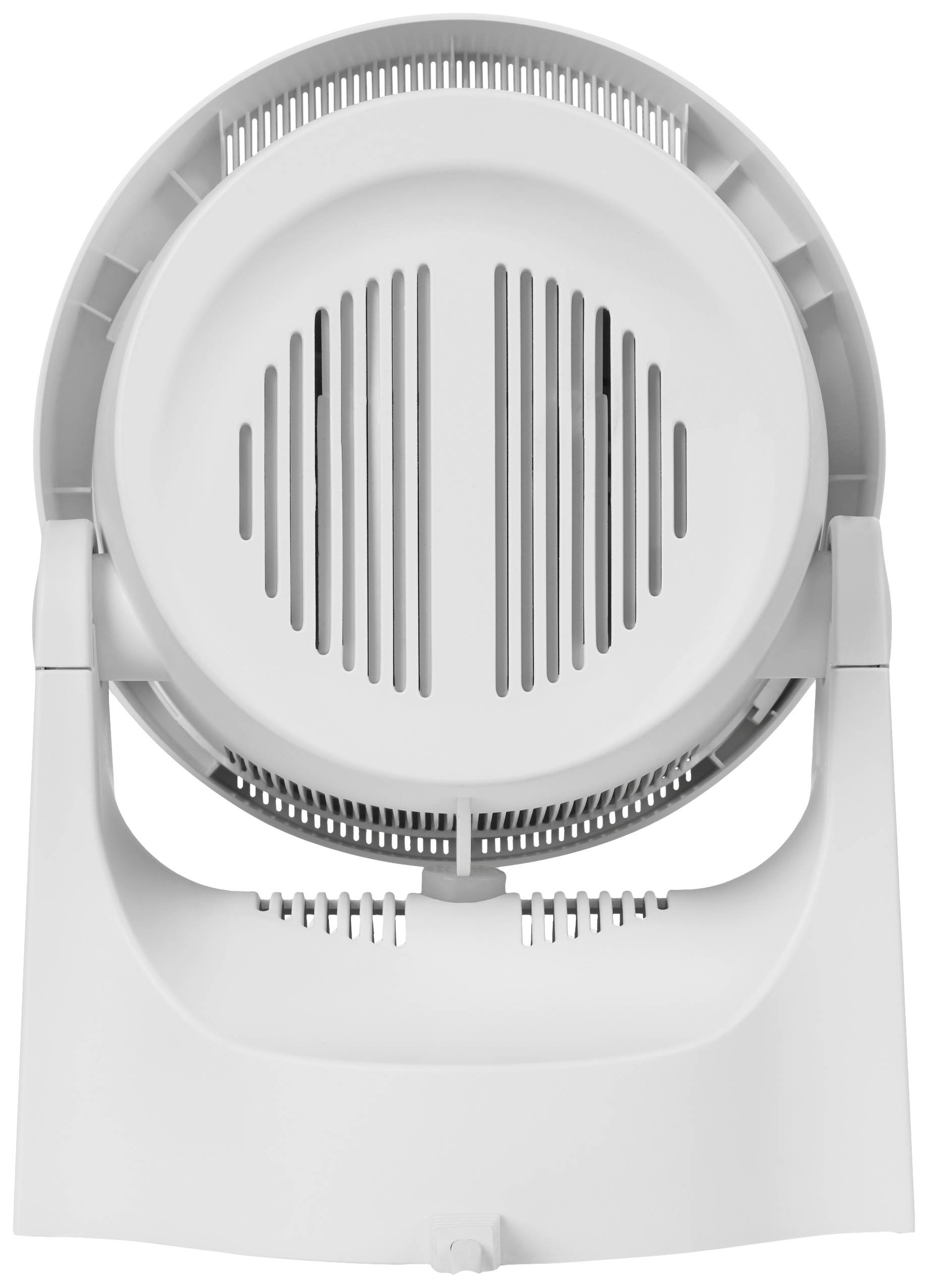 Ein weißer Ventilator von hinten, stehend auf einem Standfuß, zeigt seine Lüftungsschlitze und die Verstelleinrichtung.