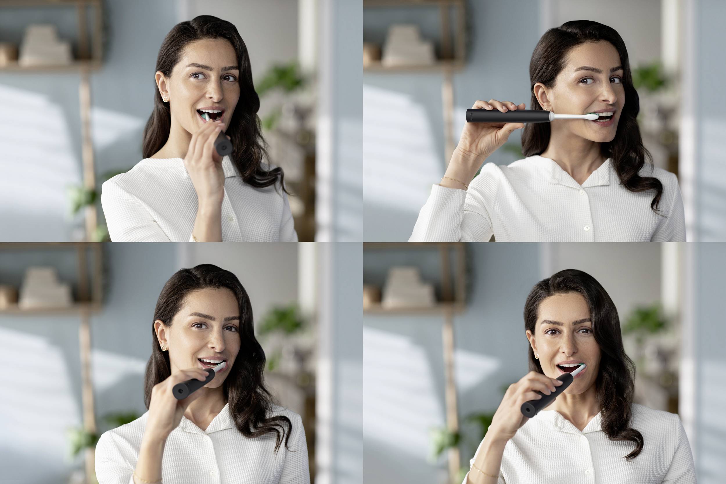 Eine Person putzt sich in vier Bildern die Zähne mit einer elektrischen Zahnbürste und lächelt in einem hellen, modernen Badezimmer.