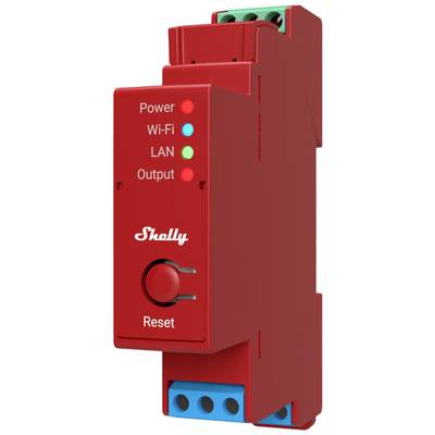 Rotes Smart-Device-Modul mit LED-Anzeigen: 'Power', 'Wi-Fi', 'LAN', 'Output' und einem Reset-Knopf. Angeschlossen an elektrische Geräte.