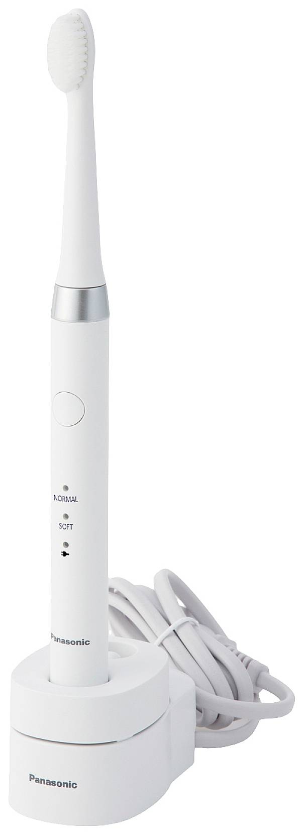 Elektrische Zahnbürste in Weiß auf Ladestation, mit austauschbarem Bürstenkopf und zwei Modi: 'Normal' und 'Soft'.
