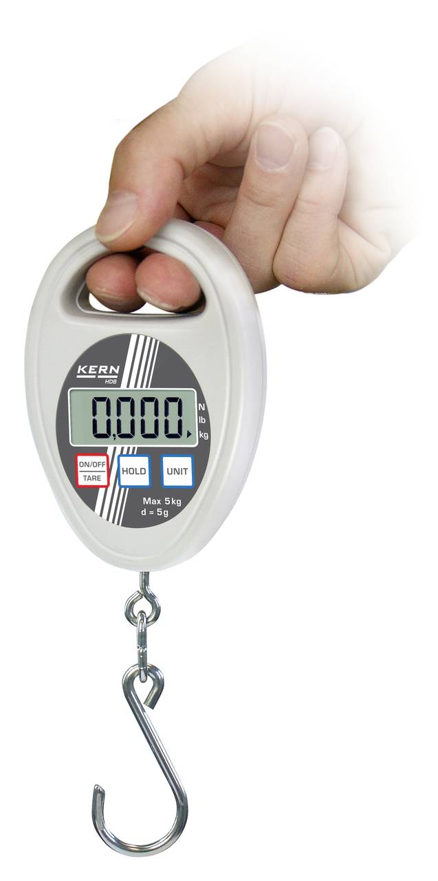 'Digitale Handwaage wird von einer Hand gehalten; zeigt 0,000 kg an. Haken unten und Tasten für Nullstellung, Halten, Einheiten.'