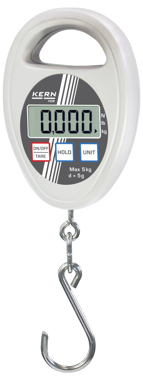 Digitale Handwaage mit Haken, zeigt '0,000 kg' an. Tasten: 'ON/OFF TARE', 'HOLD', 'UNIT'. Maximale Kapazität: 5 kg.