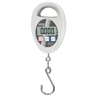 Digitale Handwaage mit Haken, zeigt '0,000 kg' an. Tasten: 'ON/OFF TARE', 'HOLD', 'UNIT'. Maximale Kapazität: 5 kg.