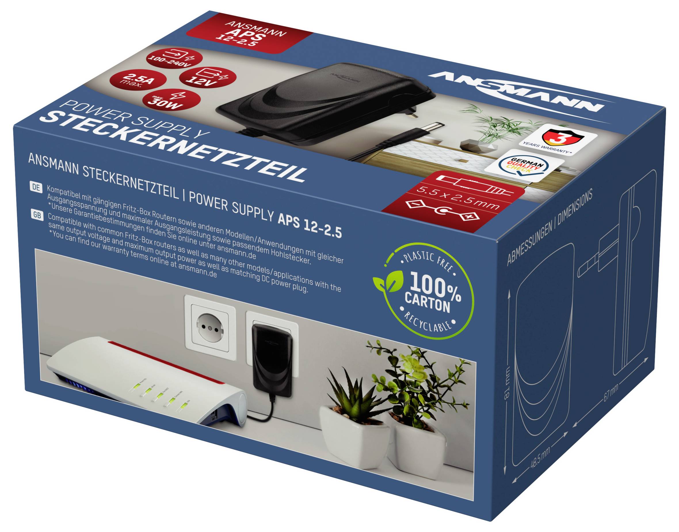 Verpackung eines Ansmann Steckernetzteils. Zeigt Produktbild, technische Daten und Nachhaltigkeitsinformationen wie '100% Karton'.