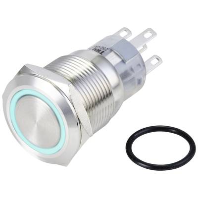 Metallschalter mit grünem LED-Ring, Gewinde zur Befestigung und drei Anschlussklemmen. Enthält einen schwarzen Dichtungsgummi.