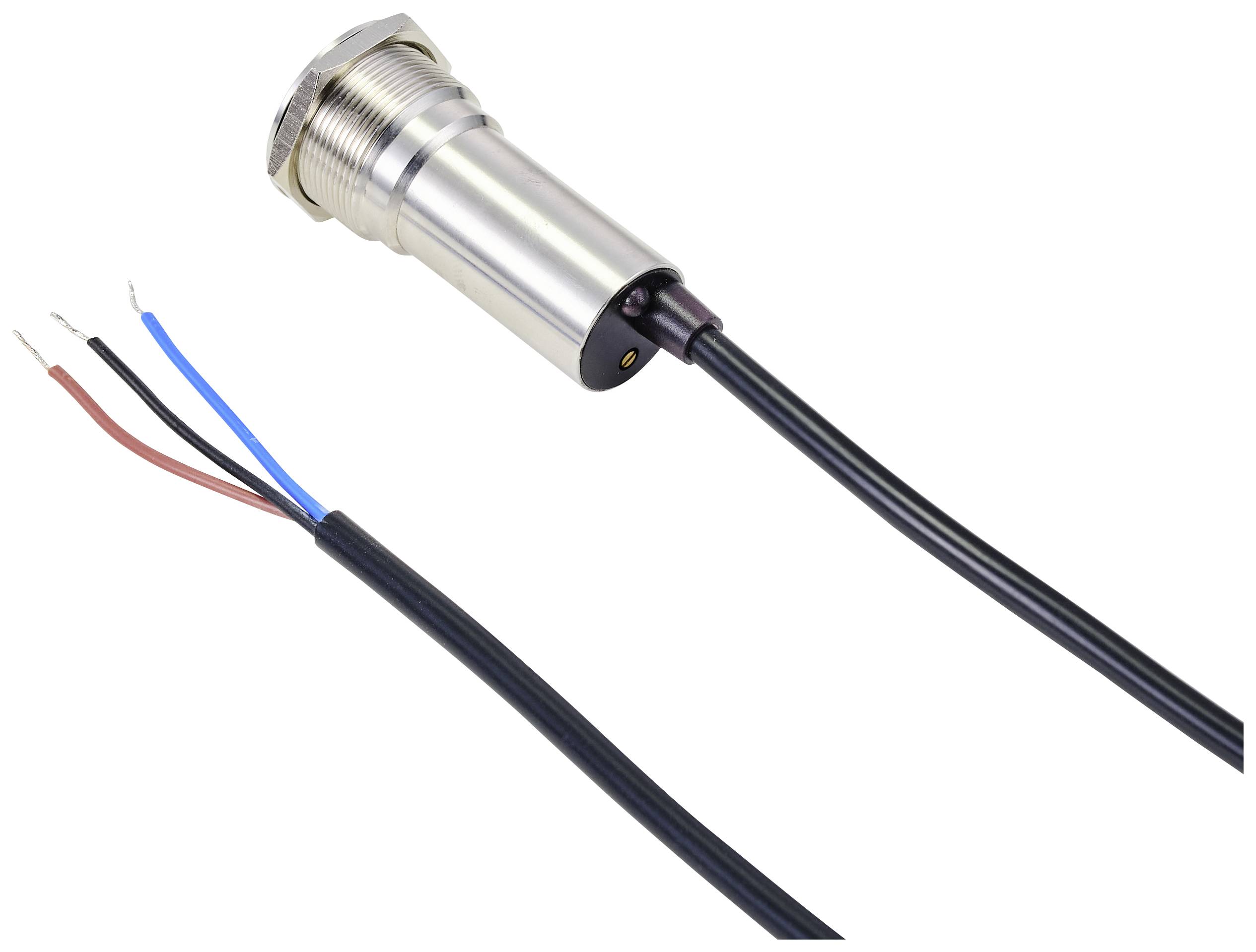 Metallsensor mit drei angeschlossenen Kabeln in Blau, Rot und Schwarz. Geeignet für industrielle Anwendungen und Sensorüberwachungen.