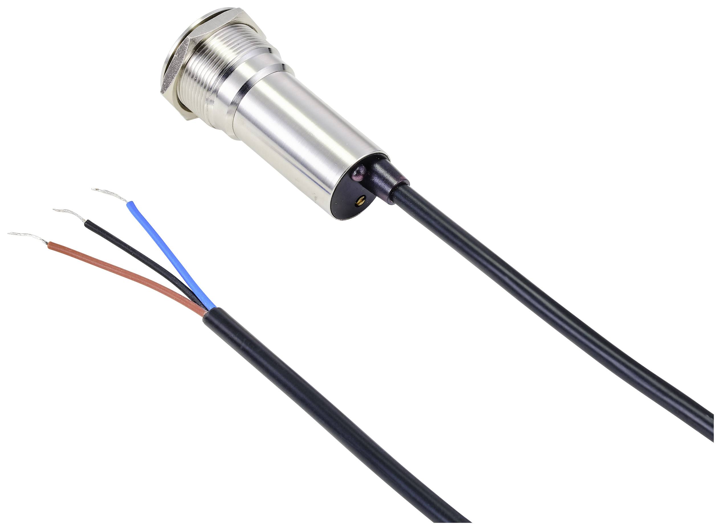 Ein zylindrischer Sensor mit drei freiliegenden Kabeln (rot, blau, schwarz) an einem Ende, geeignet für industrielle Anwendungen.