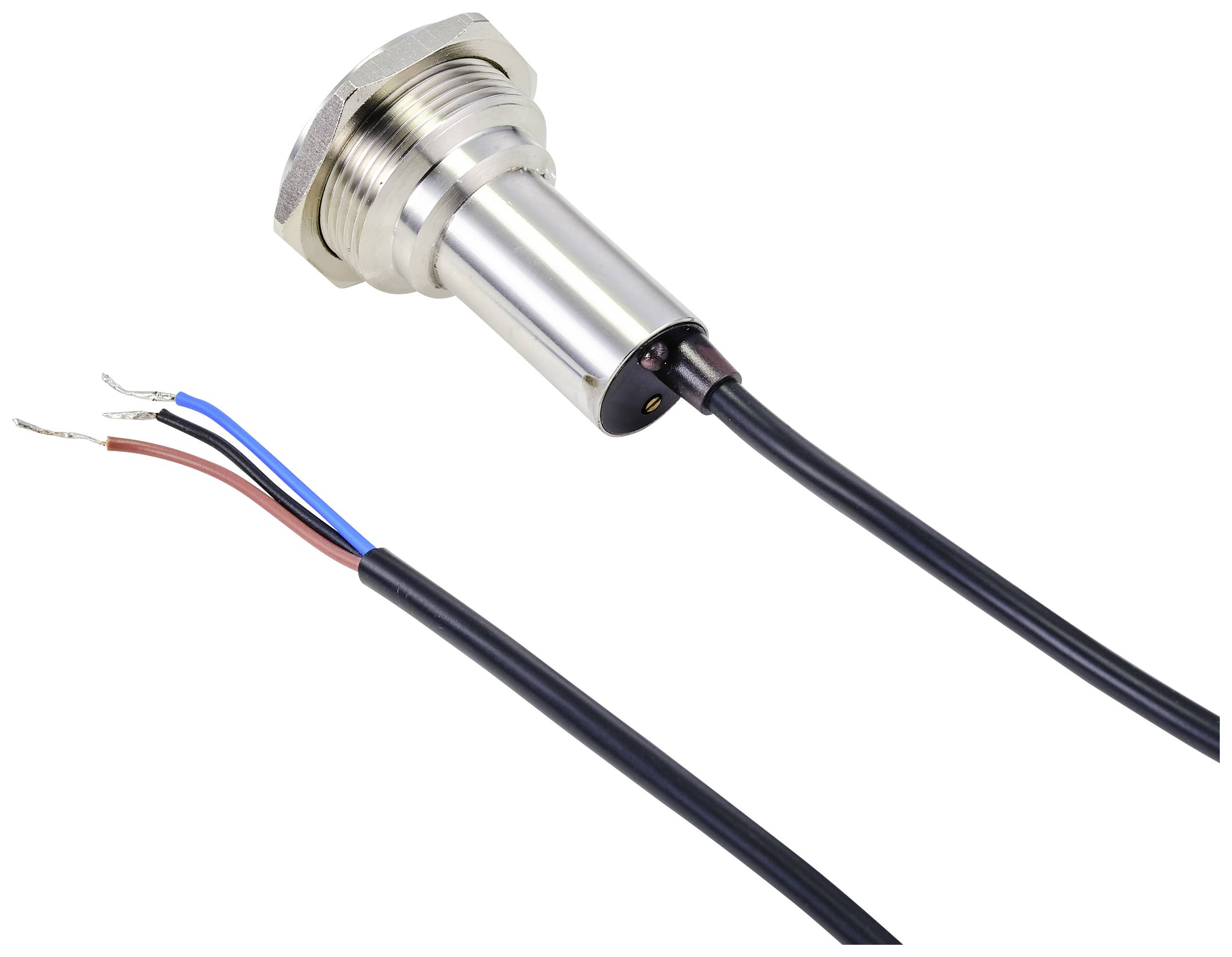 Ein zylindrischer Sensor mit Schraubgewinde, verbunden mit einem Kabel, das in drei farbige Drähte endet: rot, blau und schwarz.