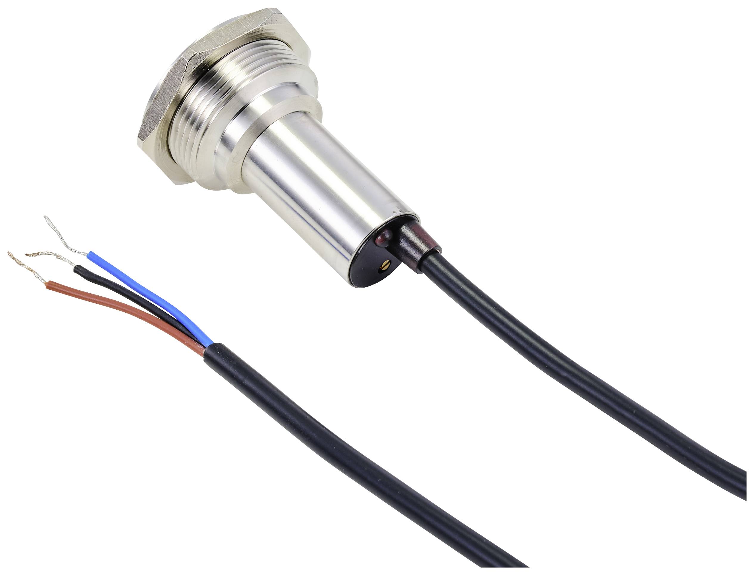 Metallsensor mit Gewinde und zwei Anschlusskabel mit freigelegten Drahtenden.