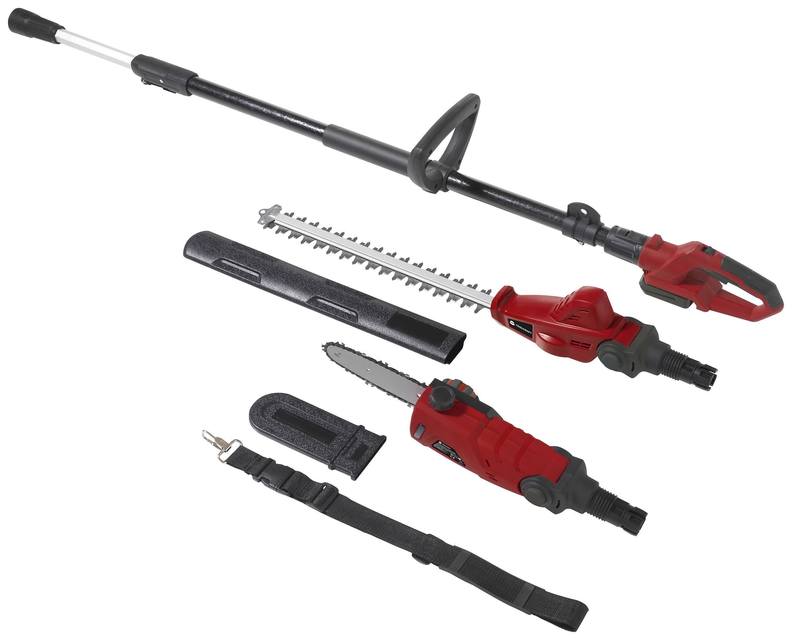 Akku-Gartengeräte-Set mit Teleskopstab, Heckenschere und Kettensägenaufsätzen, Schutzabdeckungen und Tragegurt. Ideal für Gartenarbeiten.