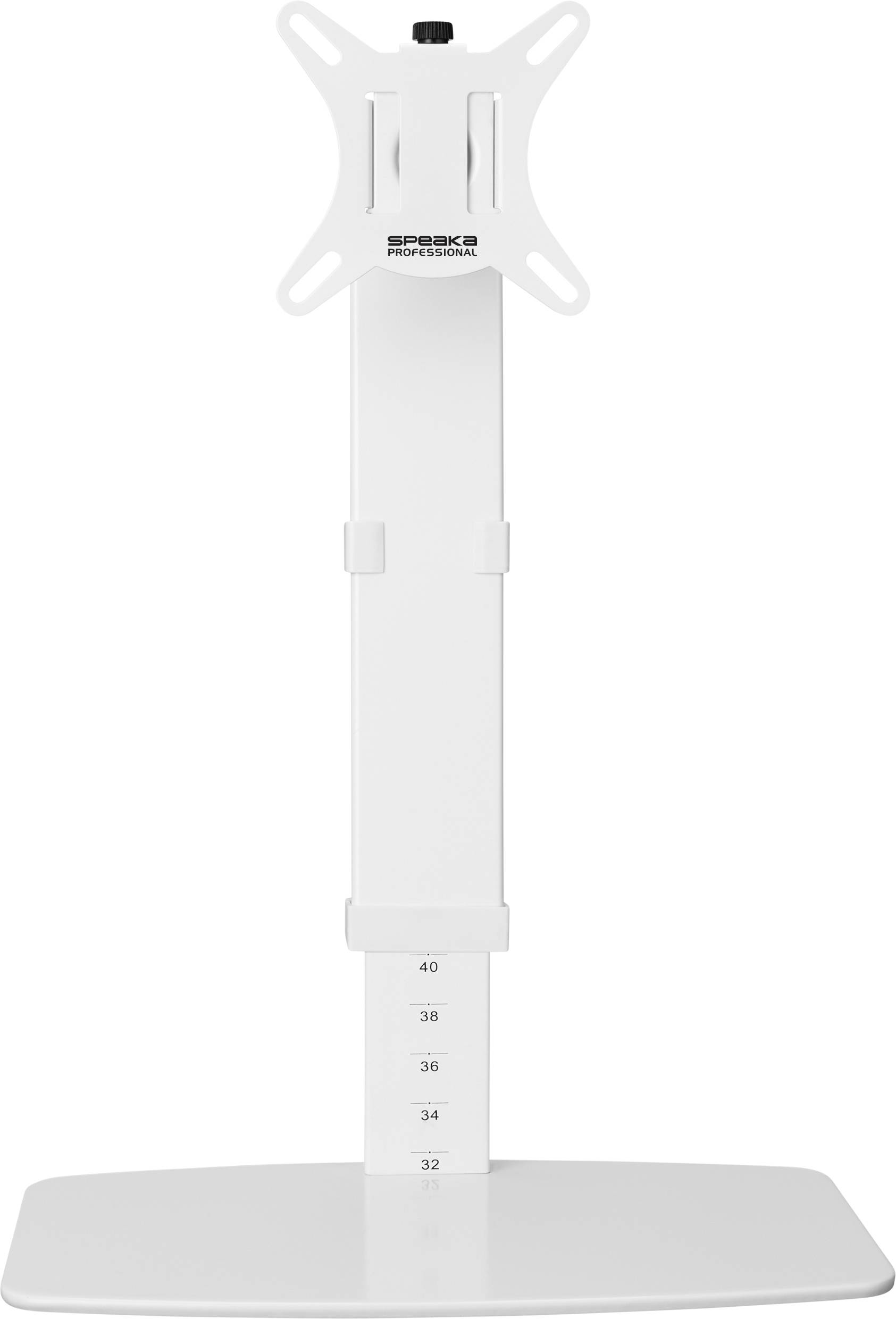 Ein verstellbarer, weißer Monitorständer mit millimetergenauen Höhenmarkierungen auf der Stange und einer VESA-Halterung oben.