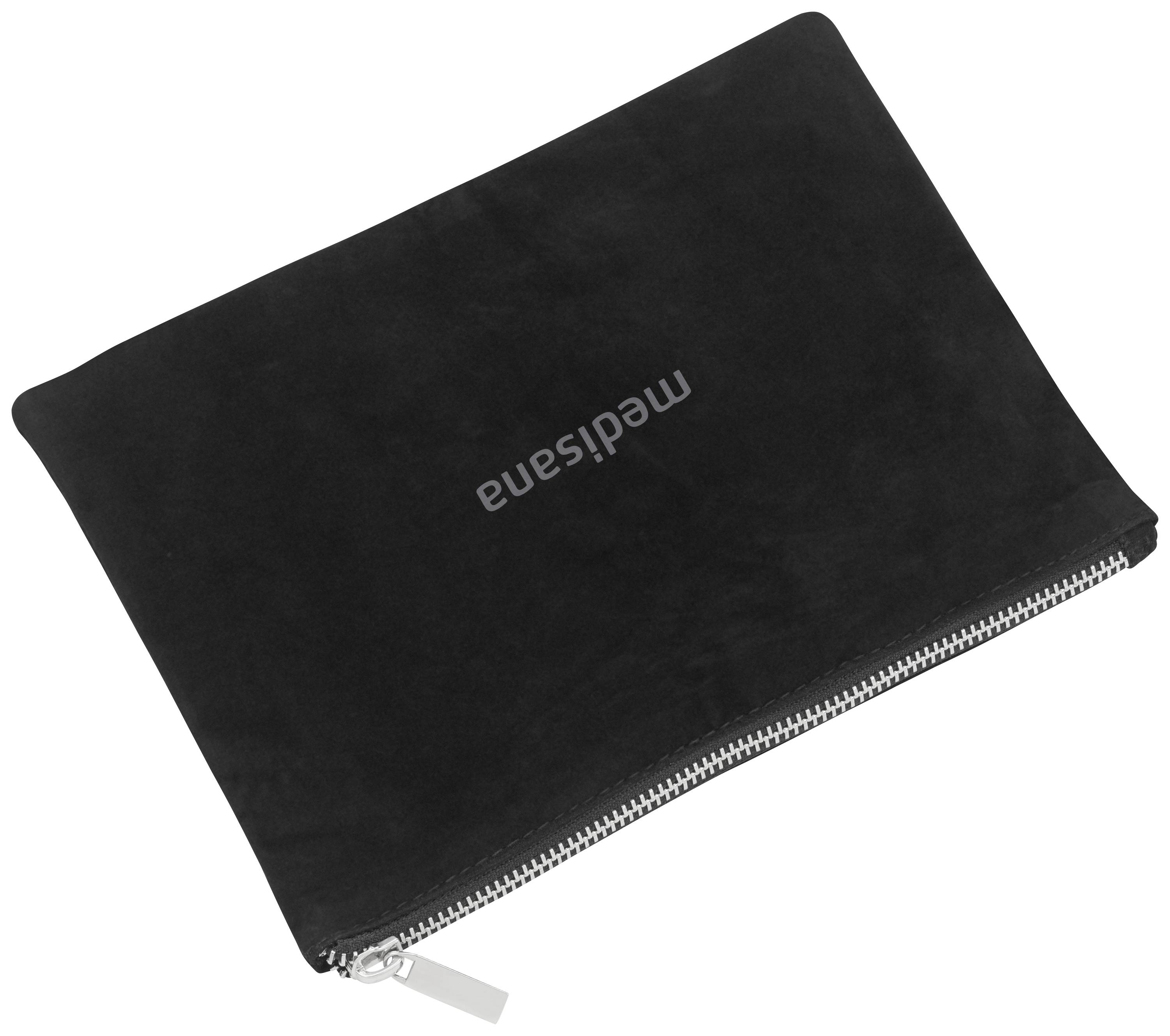 Schwarze Stofftasche mit Reißverschluss, darauf der Schriftzug 'medisana'.