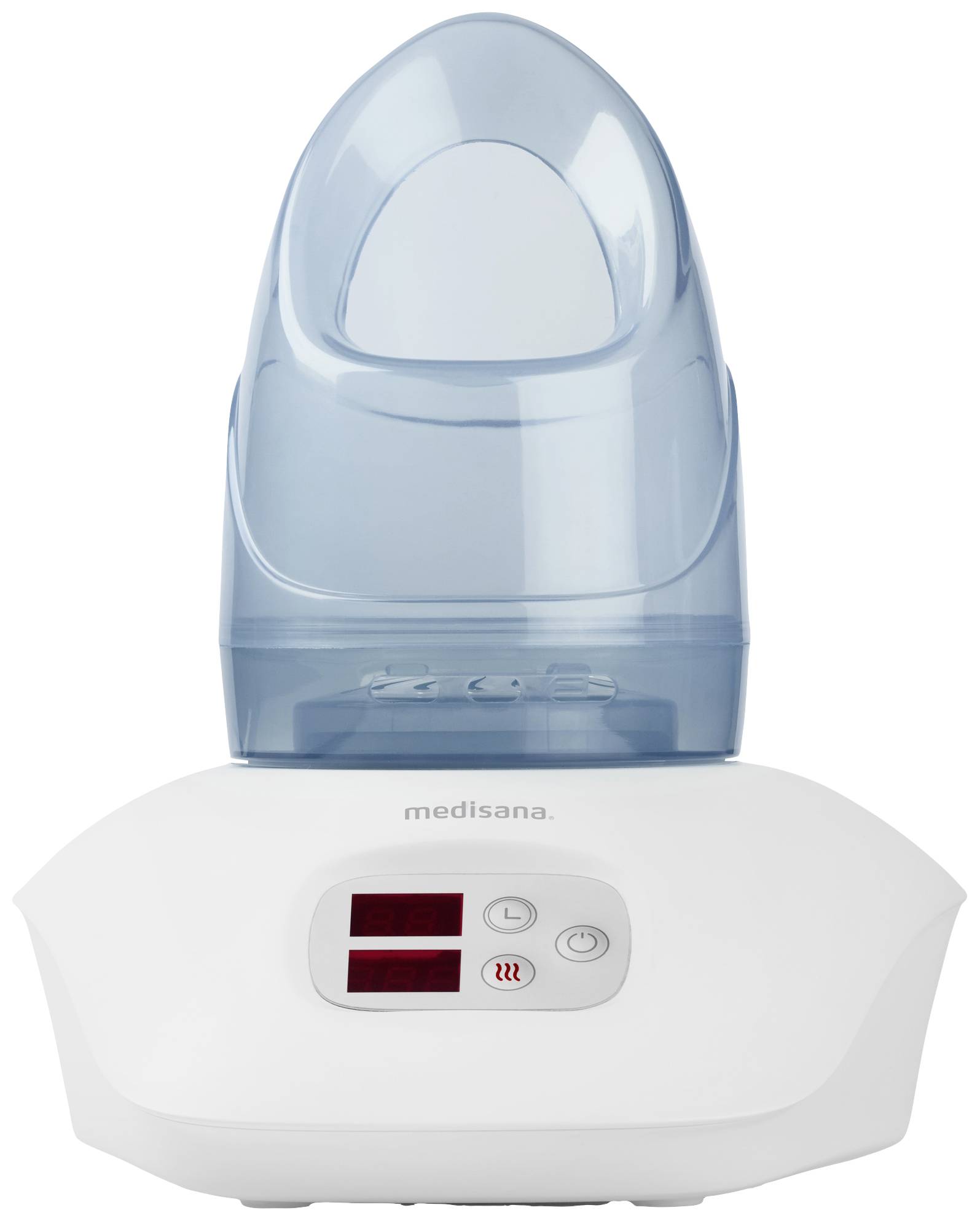 Ein weißer Inhalator mit digitalem Display und blauem Aufsatz, geeignet zur Linderung von Atembeschwerden durch Dampftherapie.