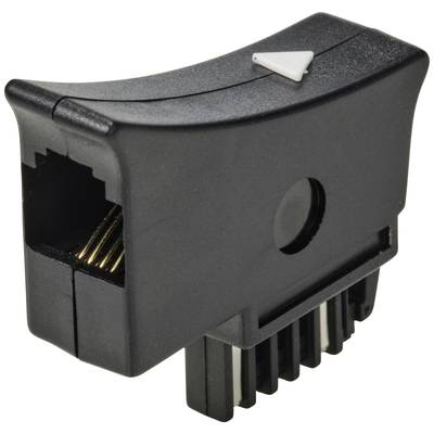 Schwarzer Ethernet-Adapter mit Pfeilsymbol, zeigt Anschluss für Netzwerkverbindung mit kupfernen Kontakten und Kunststoffgehäuse.