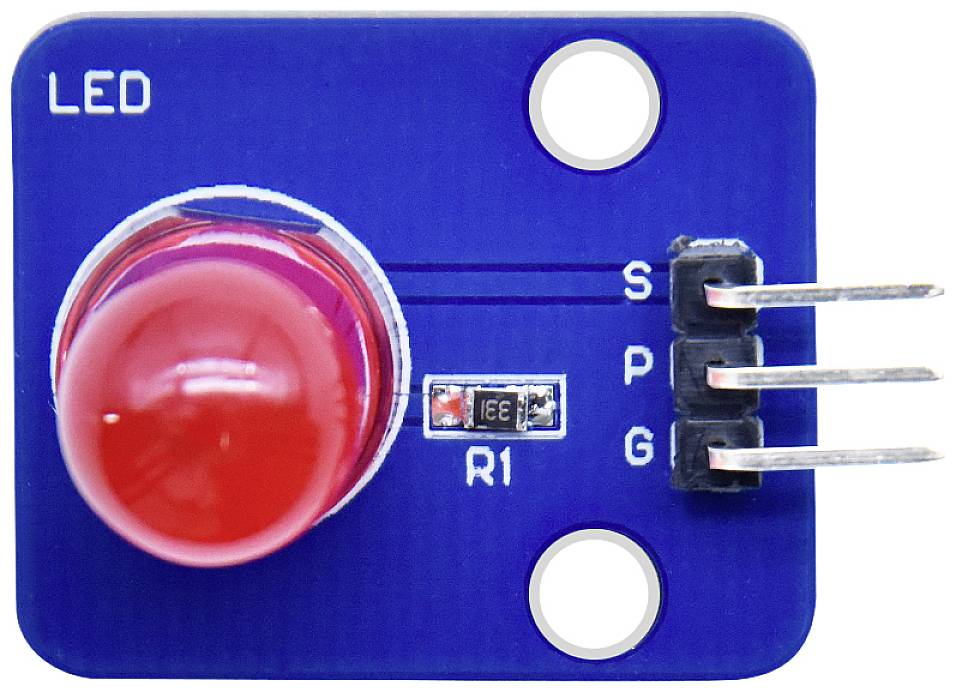 'Blaues Modul mit einer roten LED, links oben beschriftet mit LED, rechts Steckverbindungen S, P, G, und in der Mitte Widerstand R1.'