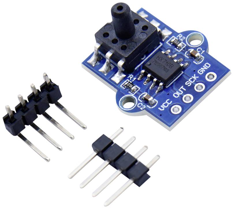 Ein blauer Sensor mit schwarzen Anschlüssen für Luftdruckmessungen; zeigt eine Schaltung mit fünf Stiften zur Verbindung auf.
