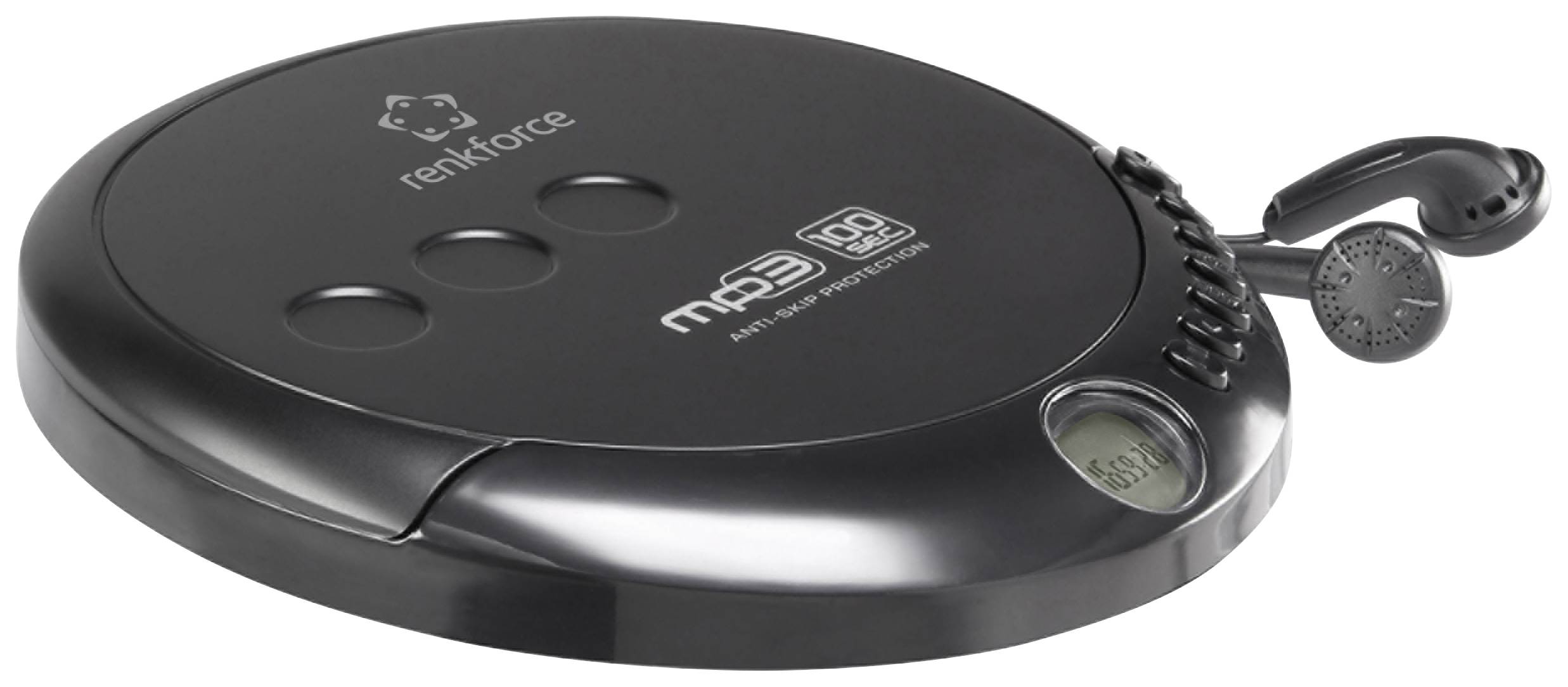 Ein tragbarer CD-Player mit MP3-Wiedergabe und Ohrhörern, markiert mit 'renkforce'. Geeignet für mobile Musikunterhaltung.