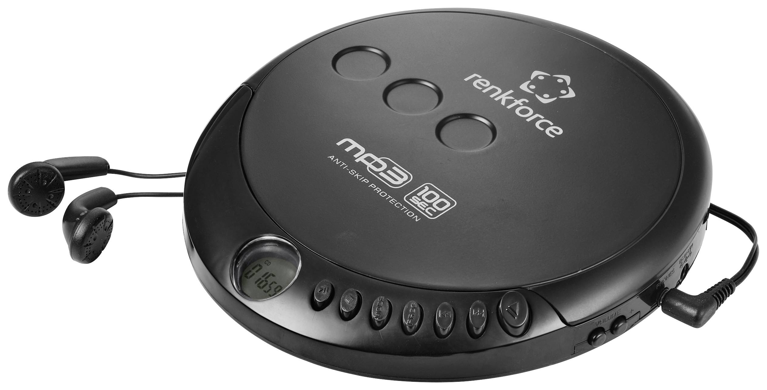 Tragbarer CD-Player in schwarzer Farbe, Marke 'renkforce', mit digitalen Funktionen und angeschlossenen Kopfhörern.