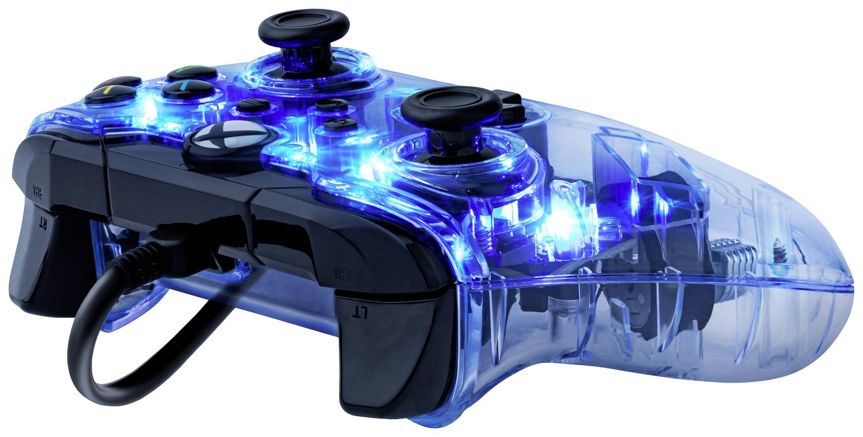 Ein transparenter blauer Spielcontroller mit LED-Beleuchtung. Er zeigt Tasten und Joysticks, geeignet für Konsolen- oder PC-Spiele.