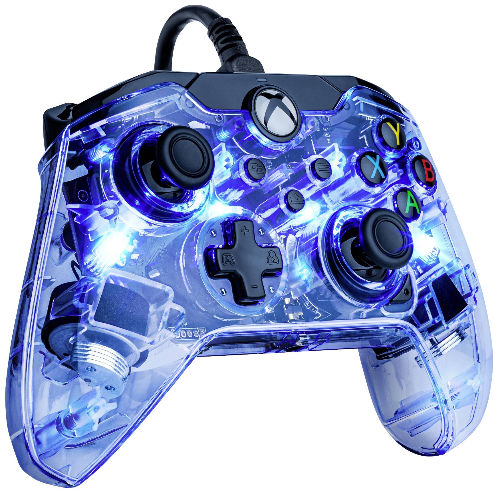 Ein transparenter blauer Gaming-Controller mit leuchtenden Lichtern, zeigt seine interne Elektronik und Tastenlayout.