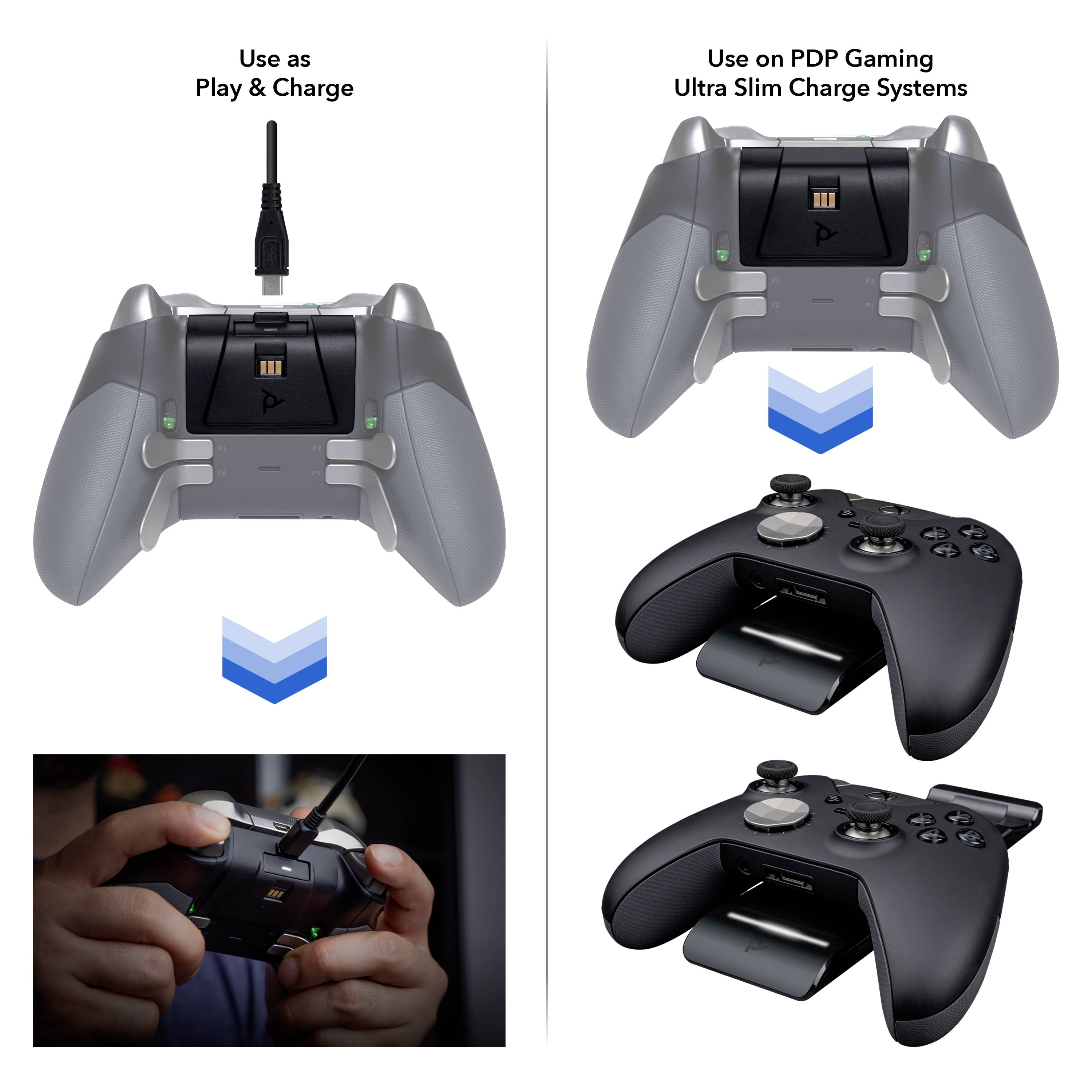 'PDP Gaming Ultra Slim Charge System'. Zwei graue Controller, einer mit eingestecktem Kabel, zwei schwarze Controller darunter ohne Kabel.
