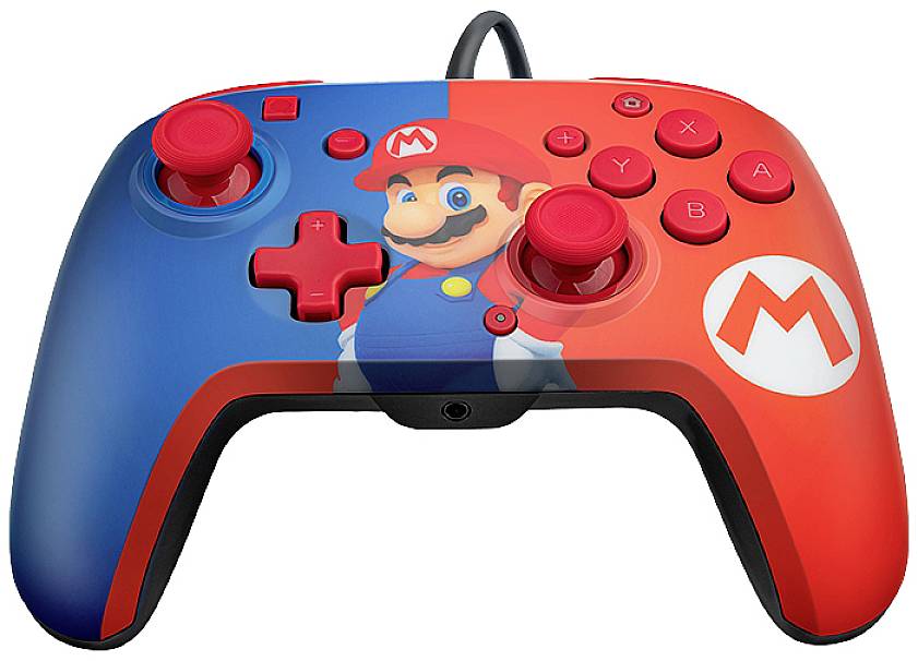 Ein Gamecontroller in Rot und Blau mit Comicfigur und Symbolen.