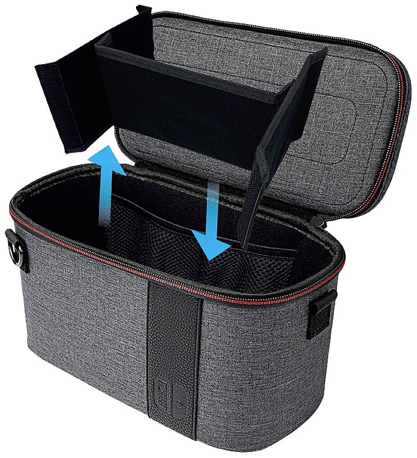 Grau-schwarze Tasche mit offenem Deckel und herausnehmbarem Einsatz. Zwei blaue Pfeile zeigen auf den Einsatz, um die Funktion zu verdeutlichen.