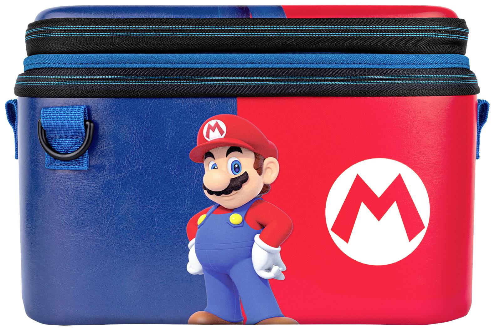 Abgebildet ist eine blaue und rote Tragetasche mit 'Super Mario'-Motiv und 'M'-Logo darauf.