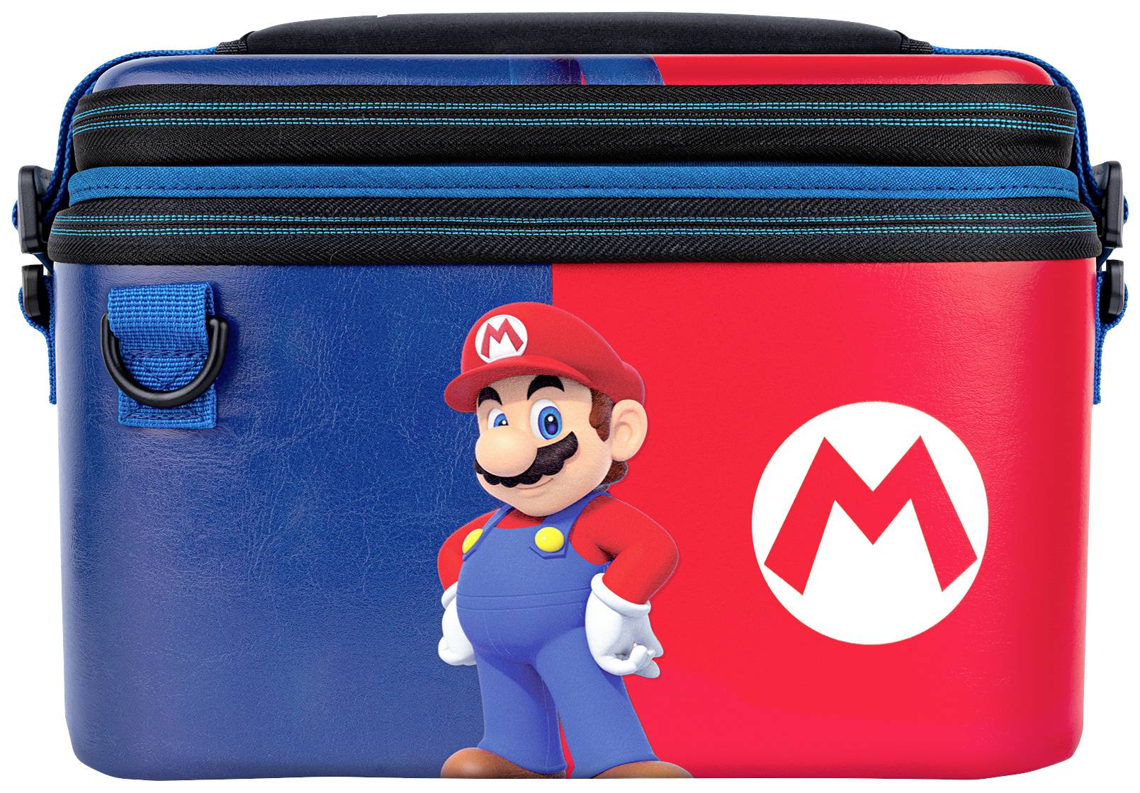 Eine blaue und rote Tragetasche mit einem Bild eines animierten, mustachierten Mannes in rotem Hut und blauer Latzhose sowie einem 'M'-Logo.