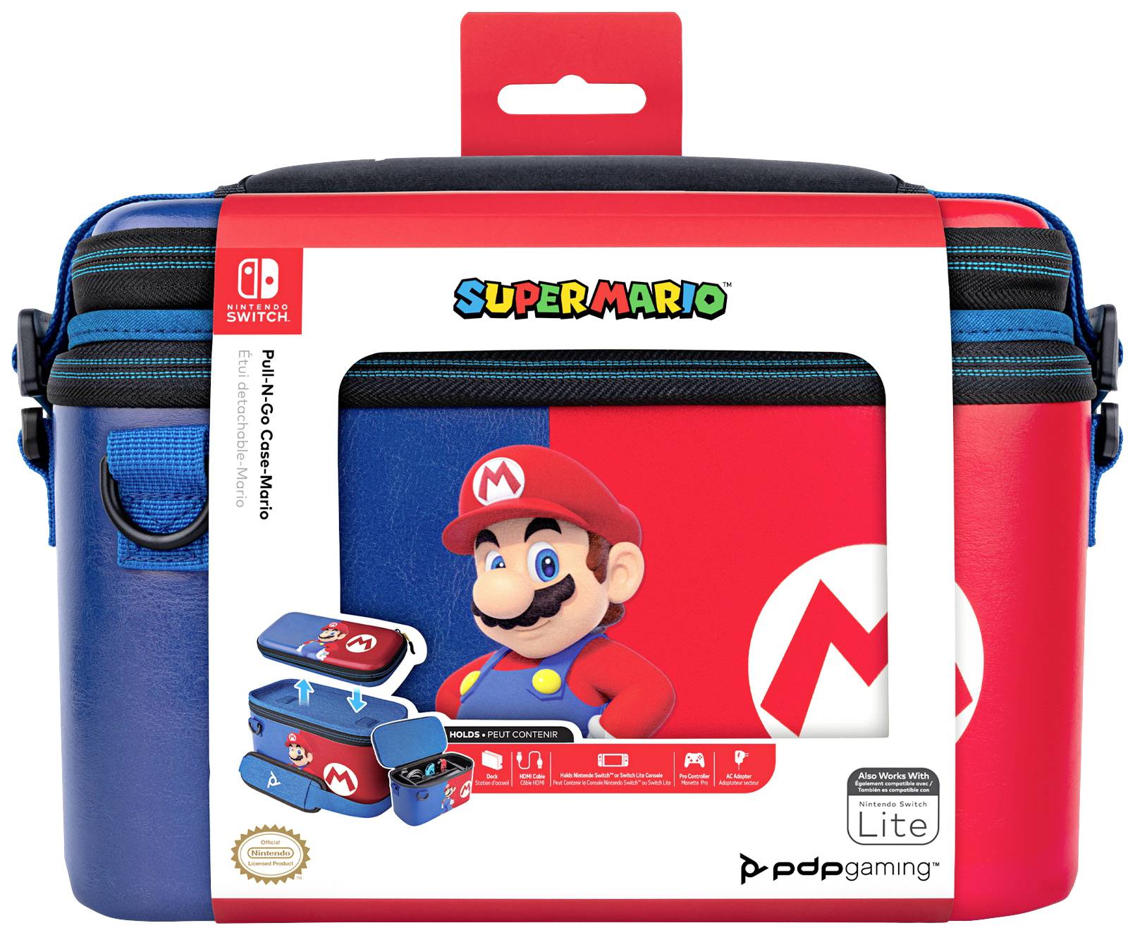 Nintendo Switch Transporttasche in Blau und Rot mit 'Super Mario' Design, zeigt Mario-Bild auf Verpackung.