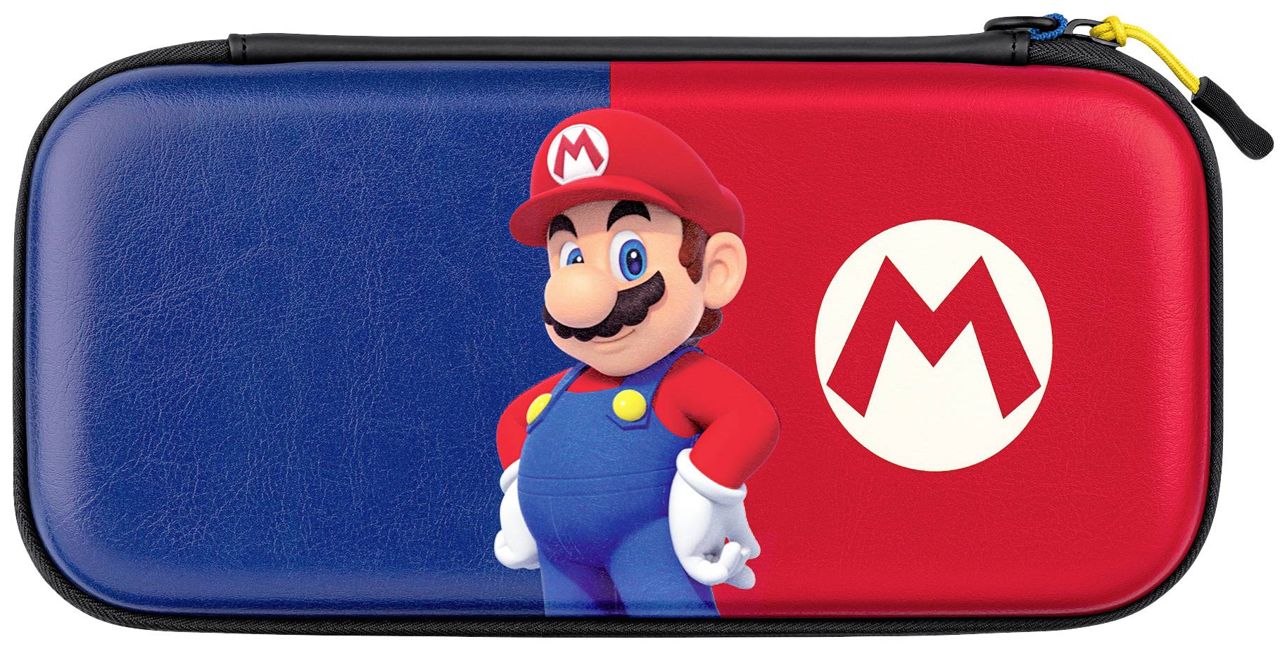 Nintendo Switch Etui mit blau-rotem Design, links eine Figur eines Videospiel-Charakters, rechts ein weißes 'M'-Logo auf rotem Hintergrund.