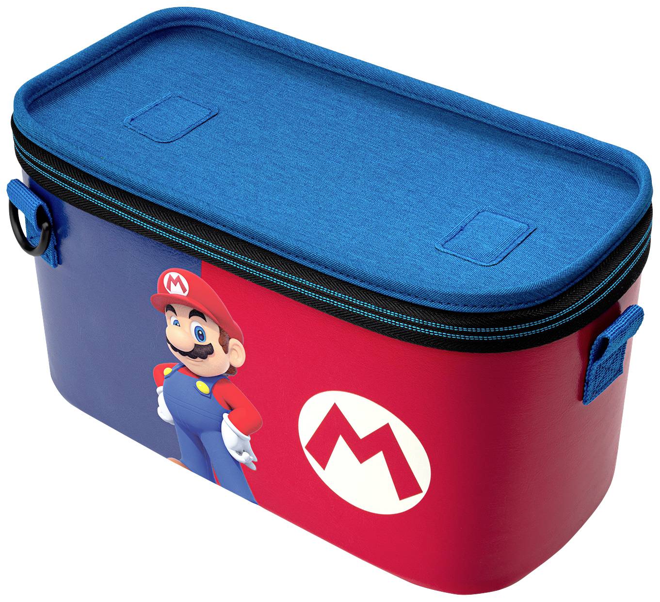 Rote und blaue Lunchbox mit dem Bild eines lächelnden, cartoonhaften Klempners in rotem Hut und Overall, daneben ein 'M'-Logo.