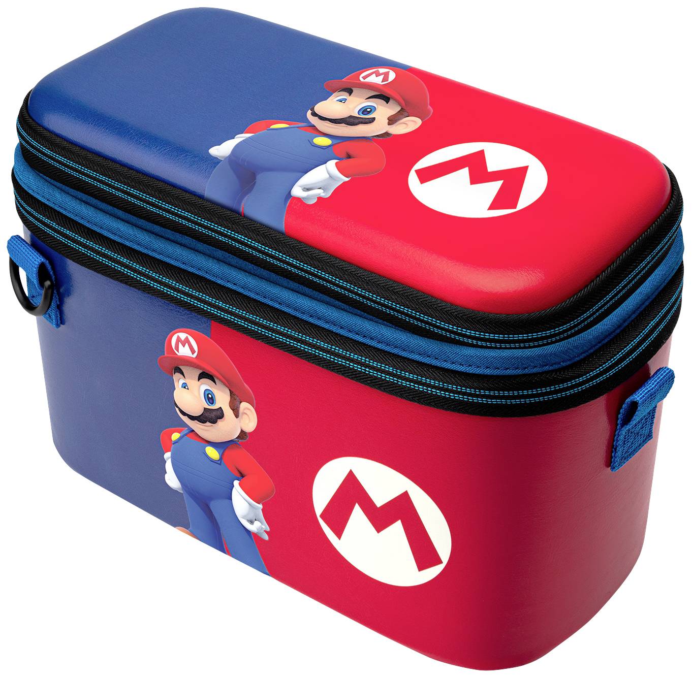 Eine rechteckige Box mit einem blauen und roten Design, darauf ein stereotypischer italienischer Klempner mit Schnurrbart und rotem Hut.