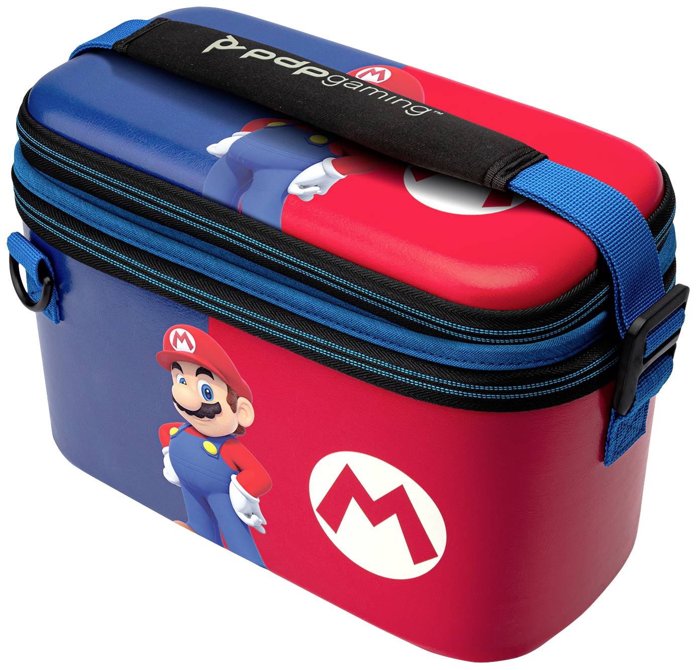Bunte Tragetasche mit 'Mario' aus einem Videospiel, zeigt eine Figur in blauem Overall und rotem Hut, passend für Gaming-Zubehör.