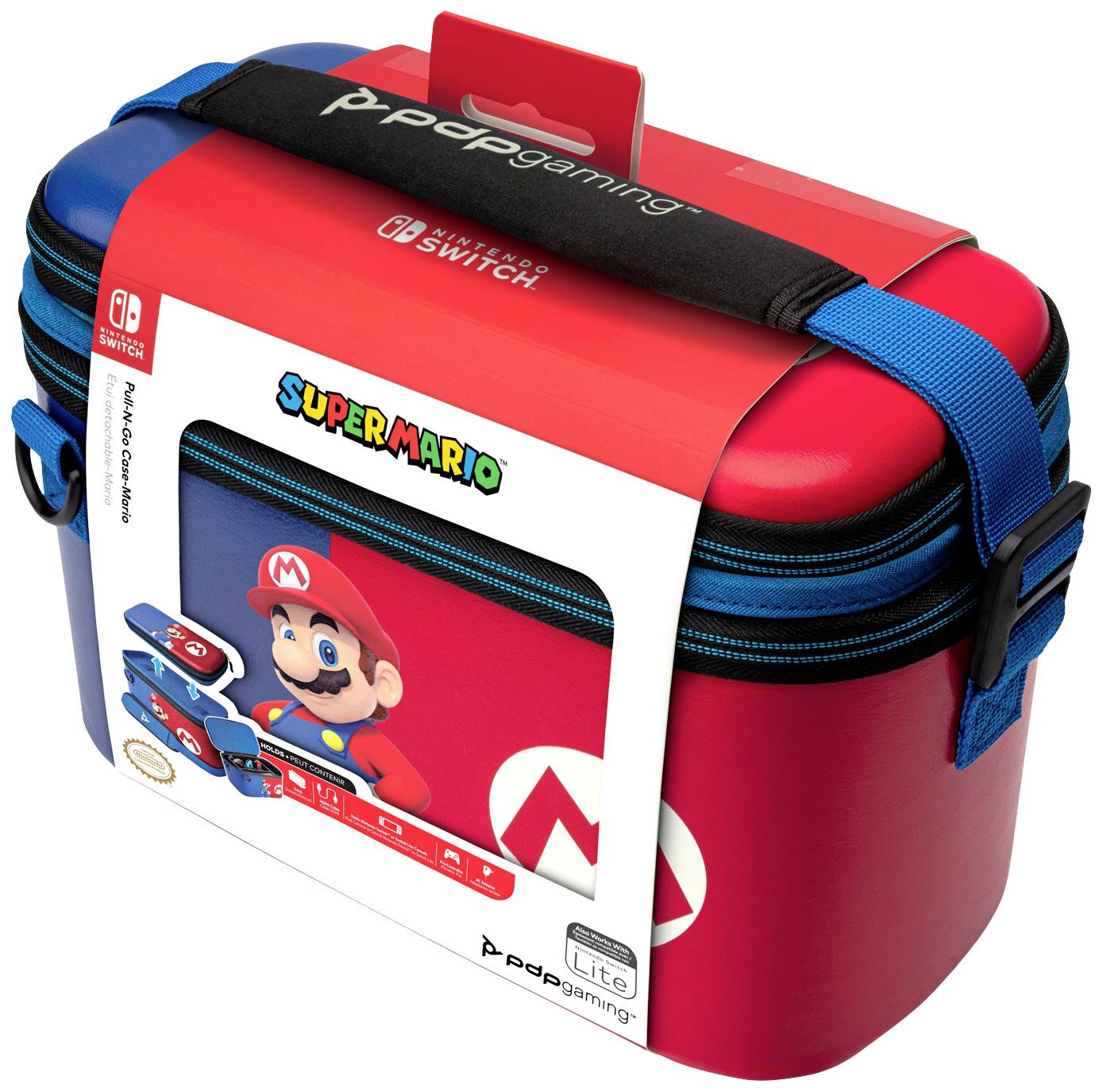 Eine rote Nintendo Switch-Tragetasche mit Super Mario-Motiv und Reißverschluss, geeignet für Switch Lite. Enthält Schriftzug 'Super Mario'.