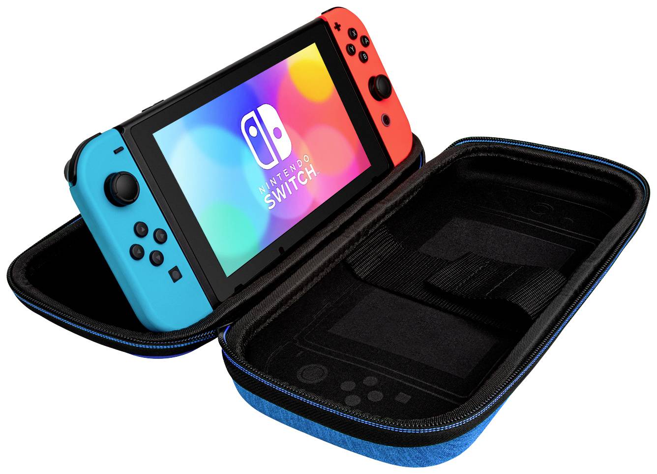 Eine tragbare Spielekonsole mit roten und blauen Bedienelementen befindet sich in einem offenen schwarzen Etui.