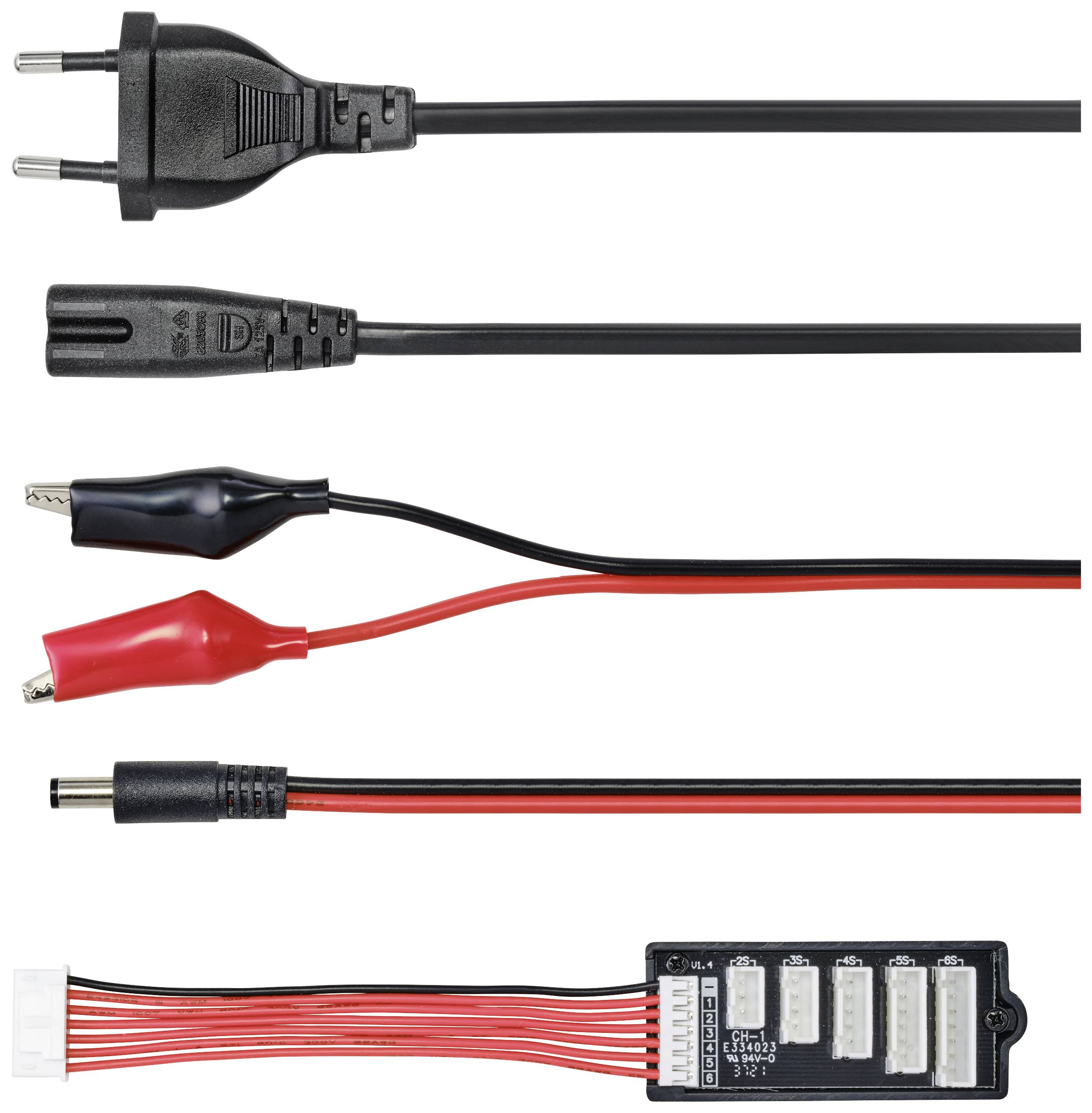 Verschiedene Stromkabel und Adapter in einer Reihe dargestellt; umfasst Standardstromkabel, Krokodilklemmen und Anschlüsse.
