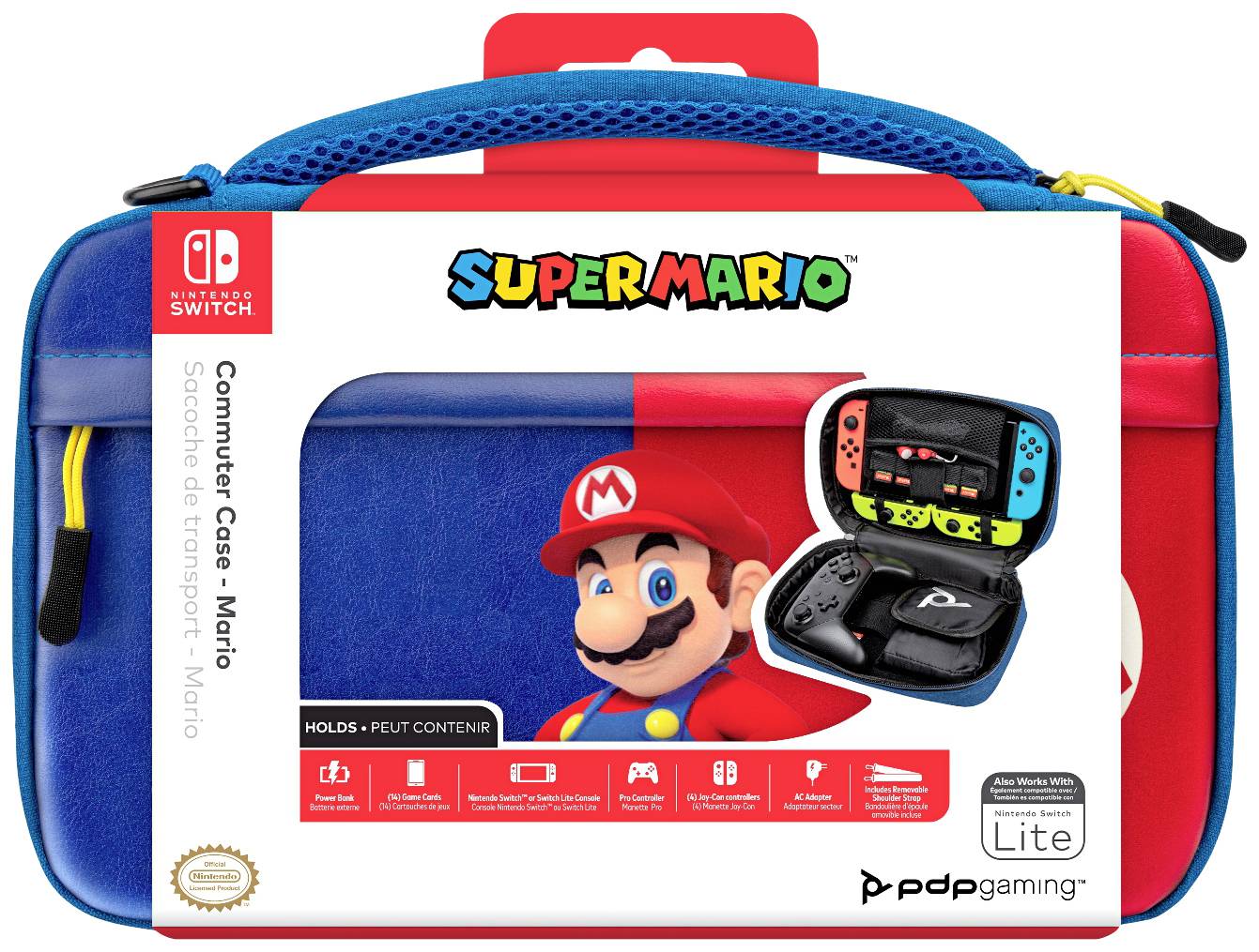 Tragetasche für Nintendo Switch. 'Super Mario'-Design mit Abbildung eines roten Mützenträgers. Geeignet für Konsole und Zubehör.